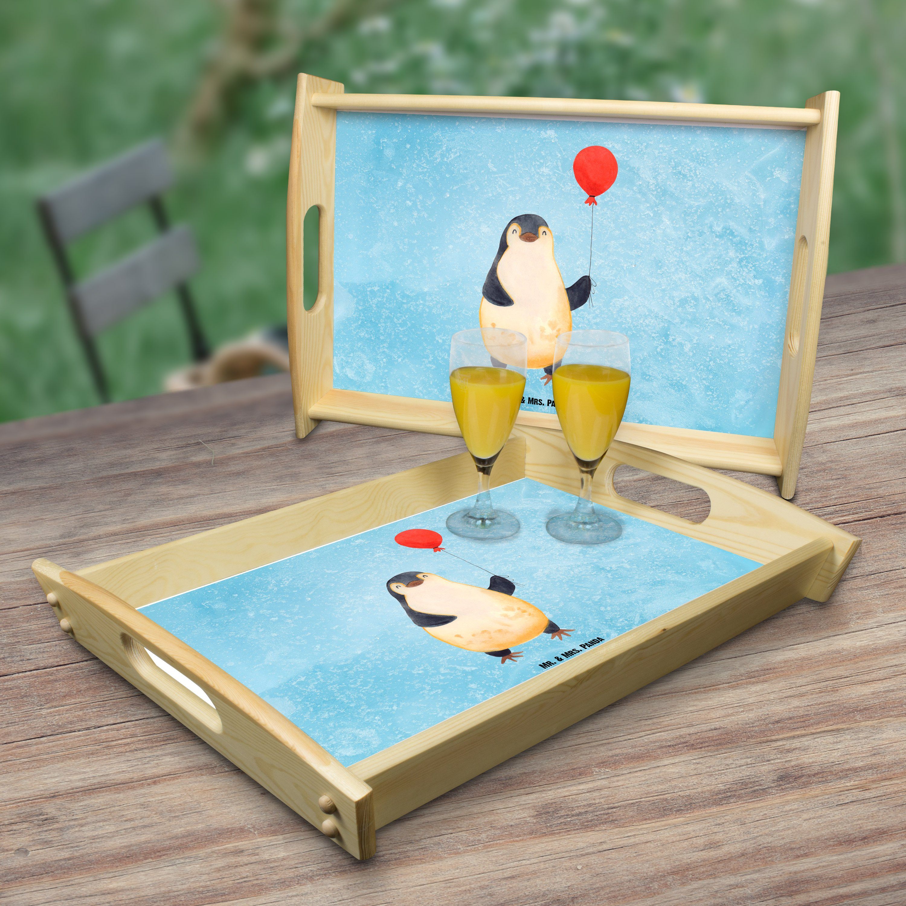 lasiert, Geschenk, Tablett Eisblau Tablett, (1-tlg) Geschenkidee, - Pinguin Mr. & Luftballon Panda Echtholz Mrs. - Frühs,