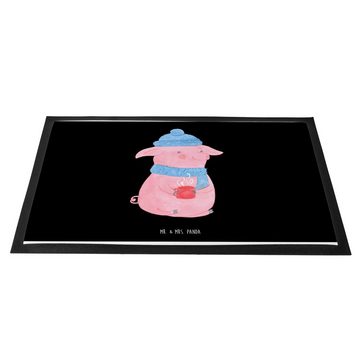 Fußmatte 60 x 90 cm Schweinchen Glühwein - Schwarz - Geschenk, Spruch, Matte, Mr. & Mrs. Panda, Höhe: 0.3 mm, Gummirand und Design