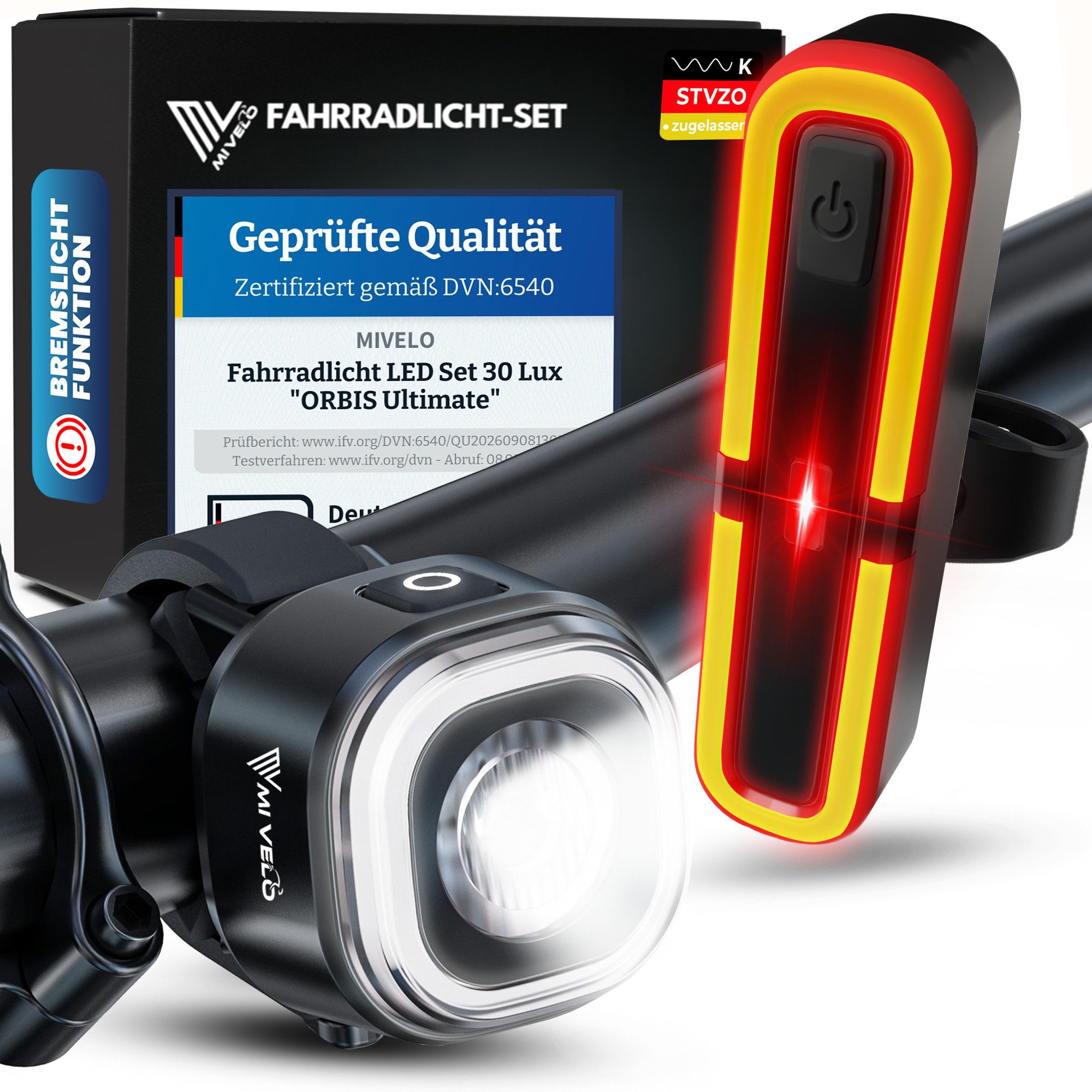 MIVELO Fahrradbeleuchtung ORBIS Fahrradlicht LED Set mit Akku, USB aufladbar wasserdicht, StVZO zugelassen, mit Bremsfunktion erhältlich