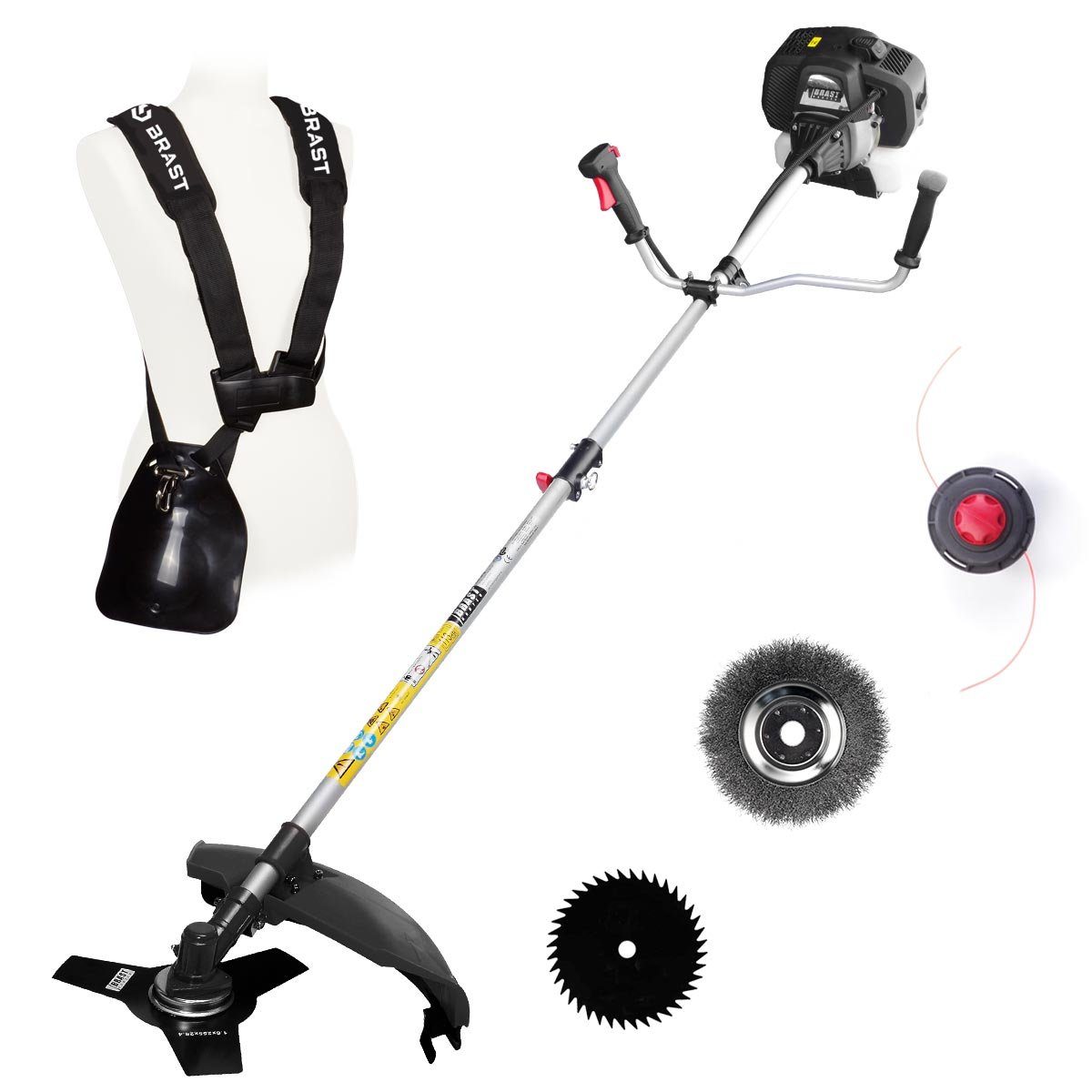 BRAST Benzin-Motorsense Multitool Freischneider Rasentrimmer Benzin, 2,2 kW (3,0 PS), TÜV geprüft, 2in1 Funktion, inkl. Drahtbürste
