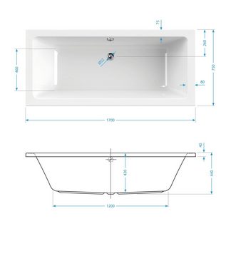 aquaSu Badewanne oNno, (1-tlg), Weiß, 170 x 75 cm, Acryl, Rechteckbadewanne, 801683