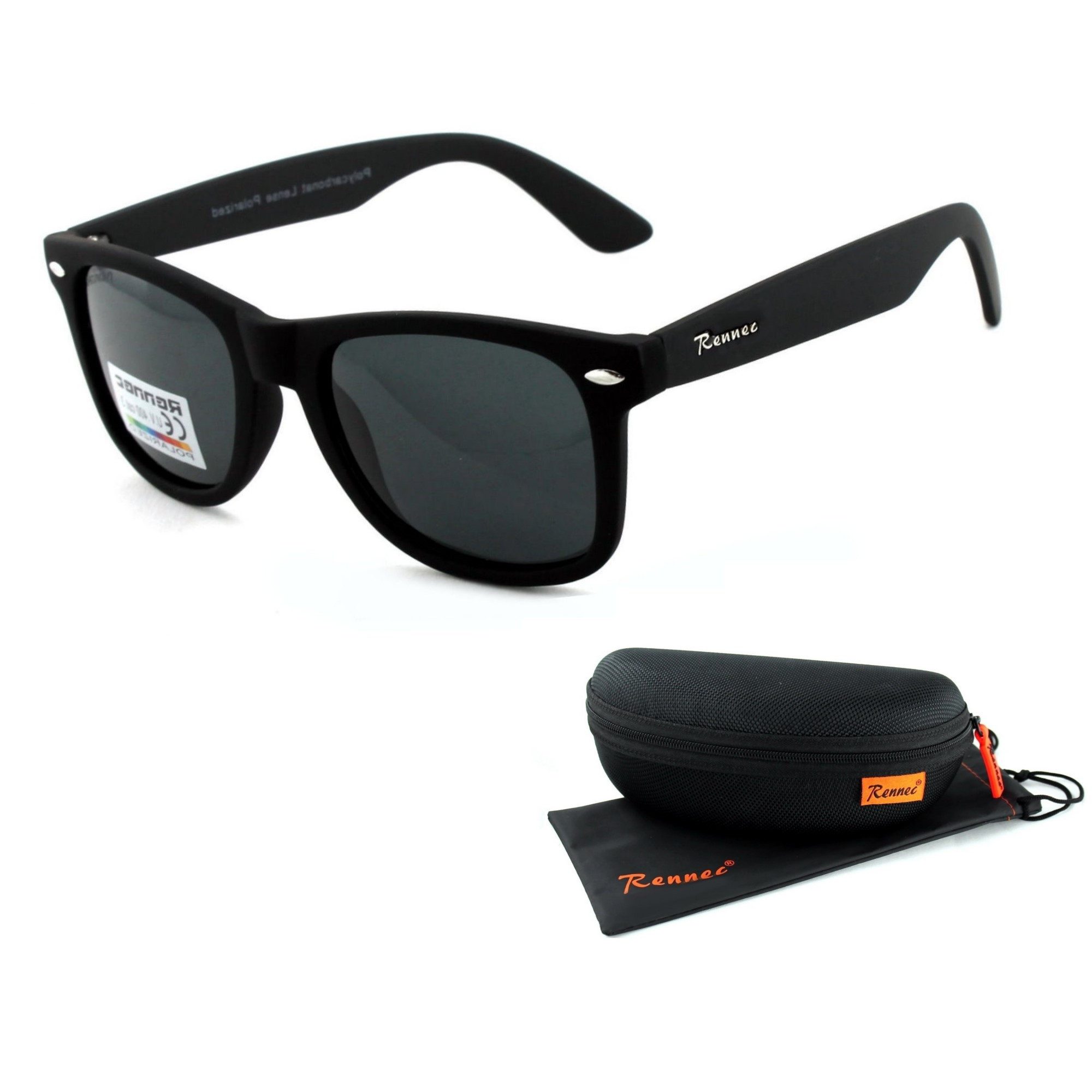 Rennec Sonnenbrille (Retro Brille mit stabilen Bügelgelenken Linsen Polarisiert mit Markenlogo, Nerd Brille Polarisiert Getönt Polbrille Angelbrille) Retro Brille mit Schwimmfähigen Hardcase