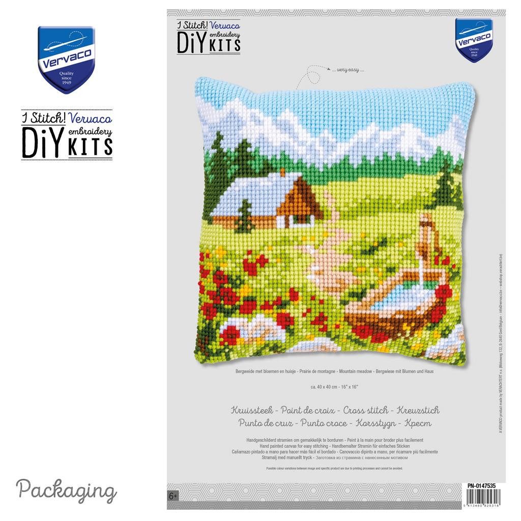 Vervaco Kreativset Kreuzstich-Kissen-Set Bergwiese mit Blumen - Stickbild vorgezeichnet, (Set, Vervaco embroidery Kit), Made in Europe