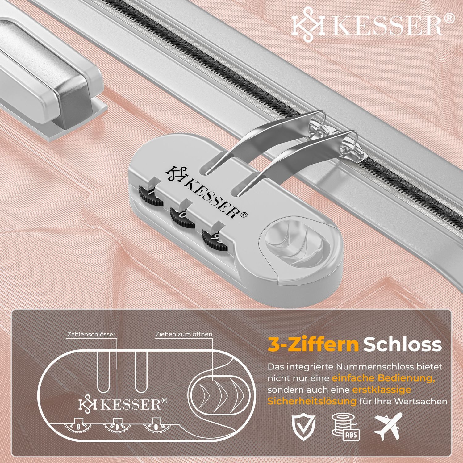 KESSER Hartschalen-Trolley Reisekoffer, 4 Rollen, ABS Hartschalenkoffer mit Zahlenschloss Kofferwaage & Reisebrieftasche