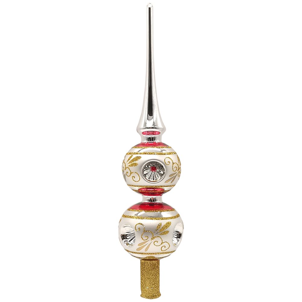 Schatzhauser Christbaumspitze Reflexspitze Doppelkugel 6 Reflexe silber/rot/gold Ø 7cm/ 28cm (1-tlg), mundgeblasen, handbemalt