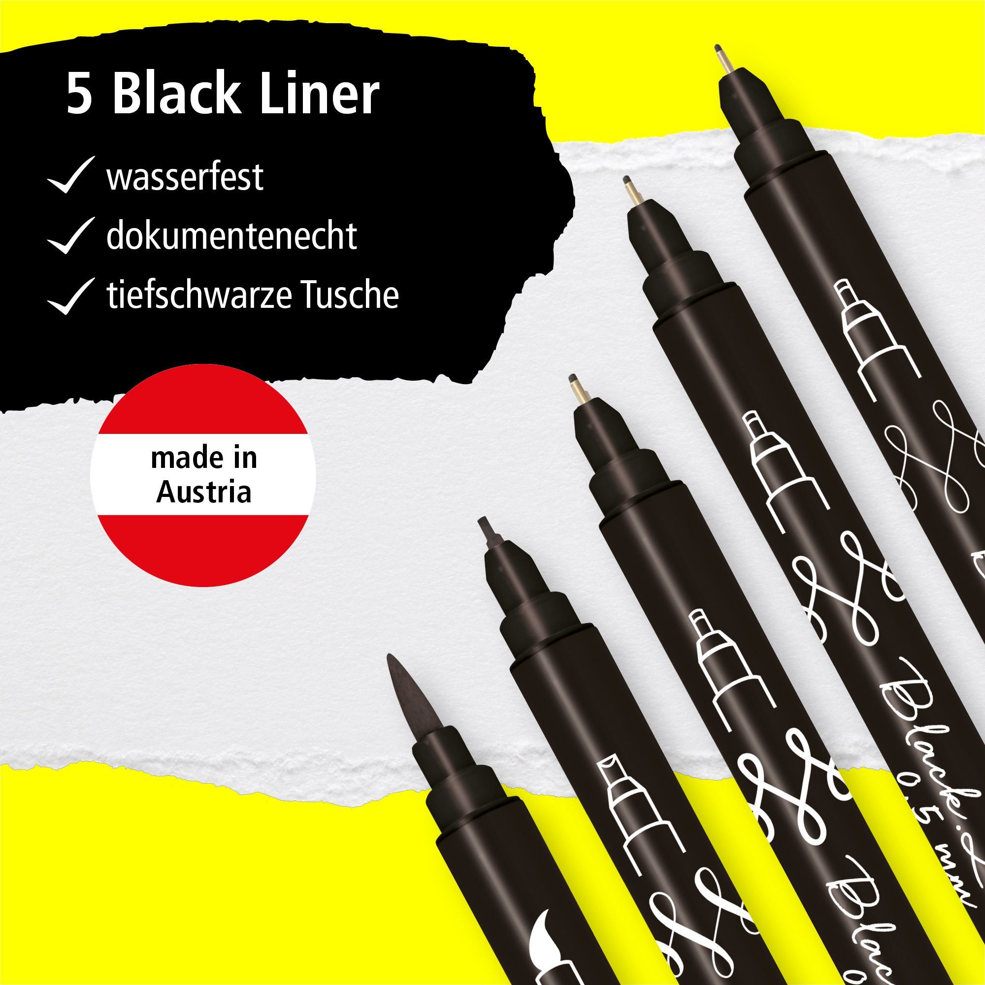 Online Pen Fineliner Black Lettering, 5x Handlettering Stifte Set, schwarz, wasserfest
