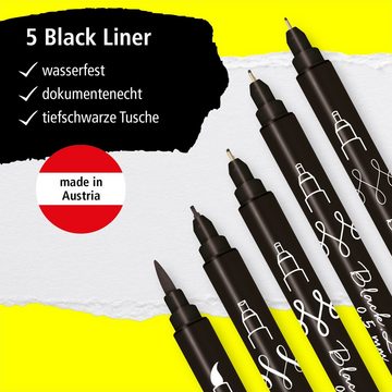 Online Pen Fineliner Black Lettering, 5x Handlettering Stifte Set, schwarz, wasserfest, verschiedene Spitzen