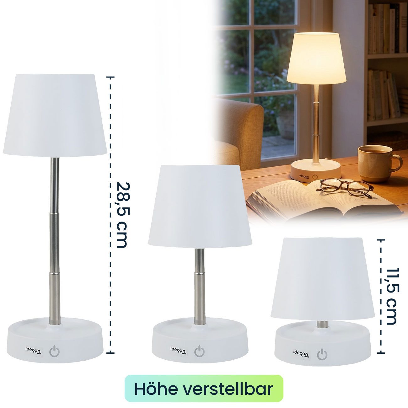 shop'n smile ideoon LED Tischleuchte LED Tischleuchte dimmbar & aufladbar: Akku-Lampe Edelstahl, LED, Helligkeit: 118 Lumen – Bild 5 von 5