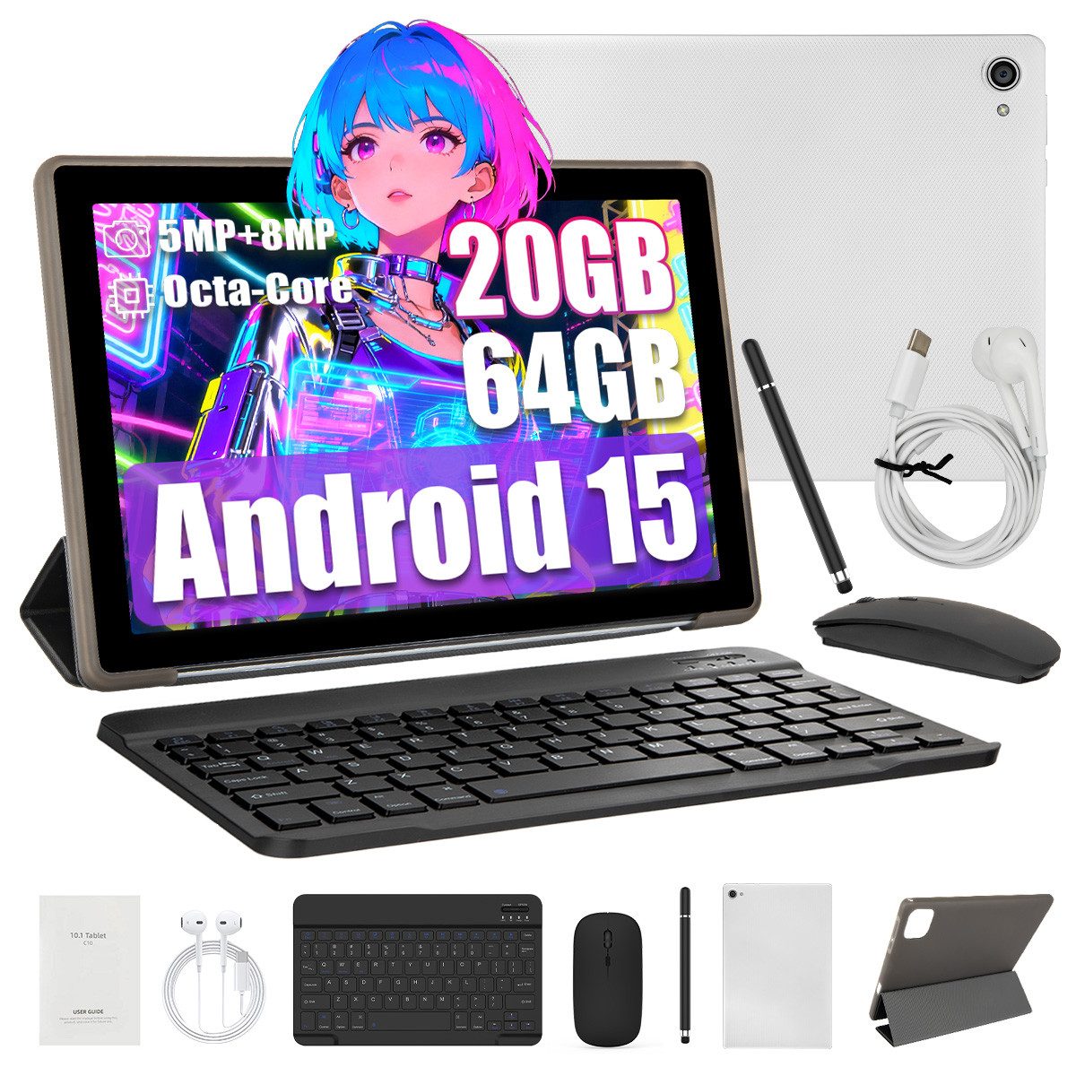 BUFO 10 Zoll Android, 3 GB RAM 64 GB Speicher 5 MP + 8 MP Dual-Kamera Tablet (10", 64 GB, Android, Android 15, HD Display, mit Tastatur/Maus/Schutzhülle/Stift/Kopfhörer)