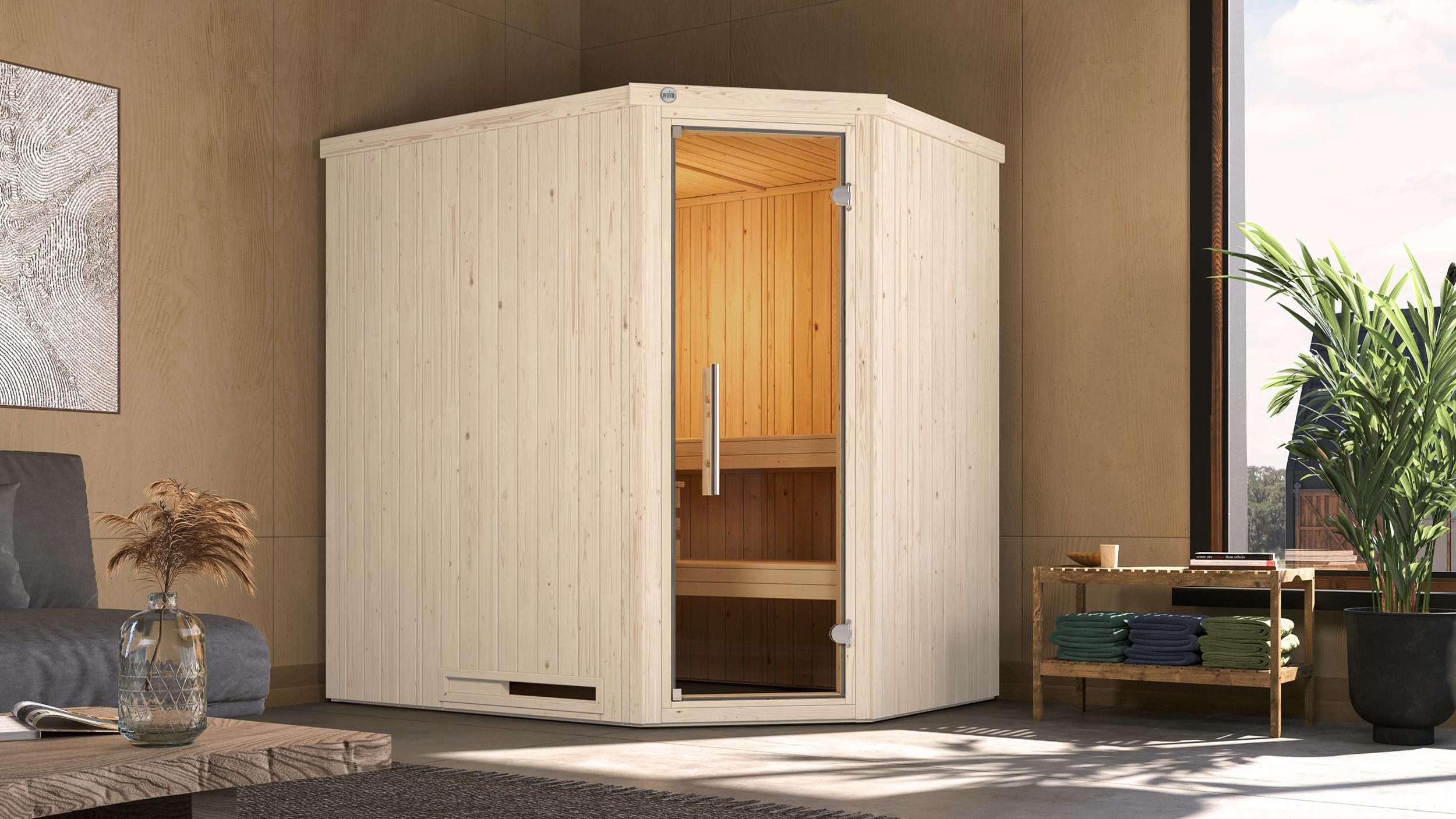 weka Sauna Element-Ecksauna VARBERG 1, BxTxH: 194 x 144 x 199 cm, 68 mm, vorgefertigte Elemente, moderne Ganzglastür