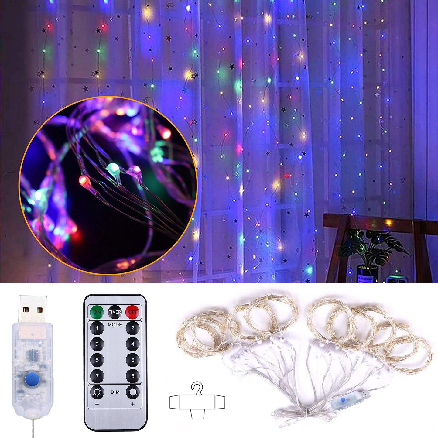 Party, Aufhängehaken; Fernbedienung; Wand für aktiviert, 3M, 3 8 Weihnachten Schlafzimmer mit Deko X Fenster Rosnek Multicolor, LED-Lichtervorhang Modi/Musik