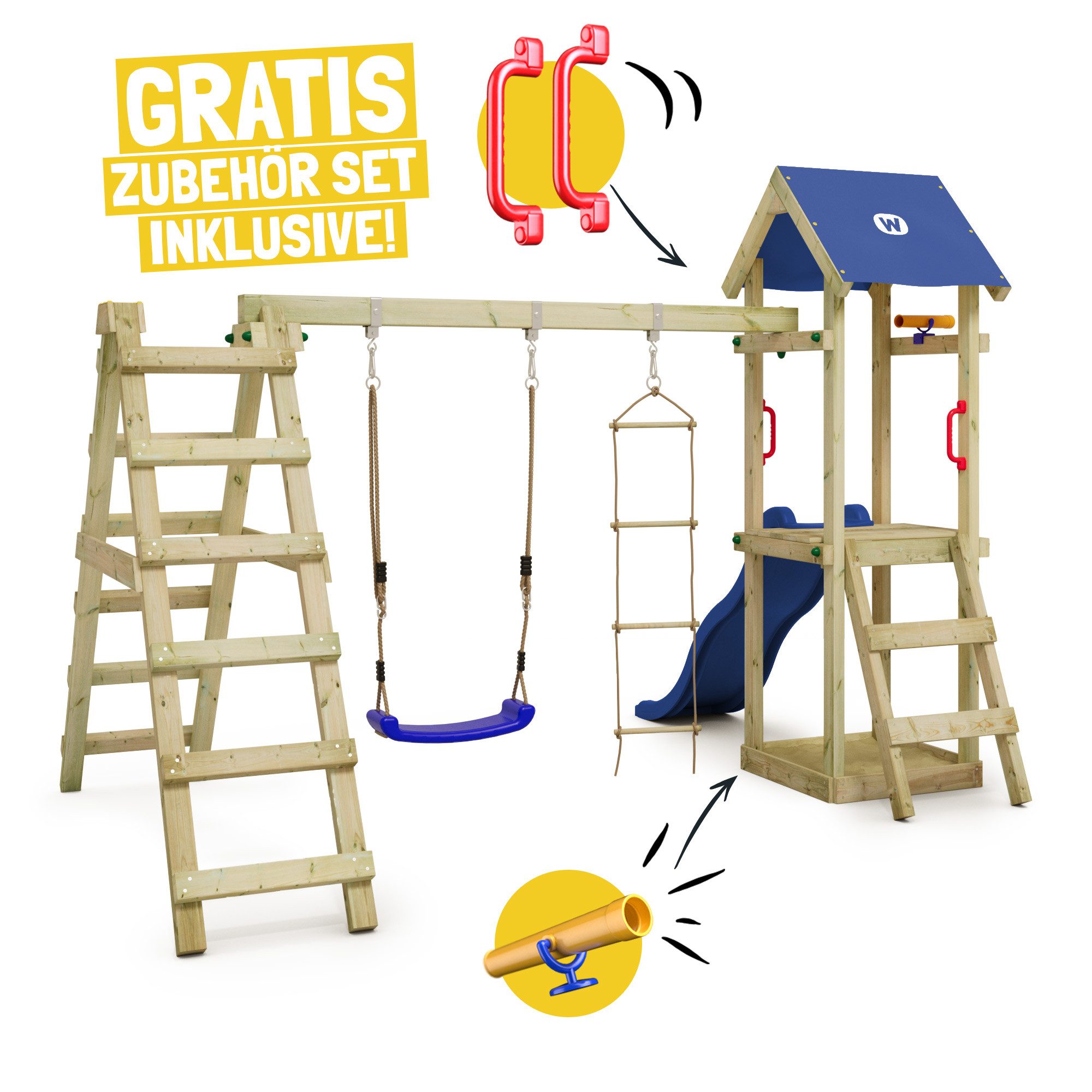 Wickey Spielturm TinyLoft - Garten-Klettegerüst für Kleinkinder mit Schaukel, Kinderspielhaus mit Kletterwand, Rutsche & 10-Jahren Garantie*
