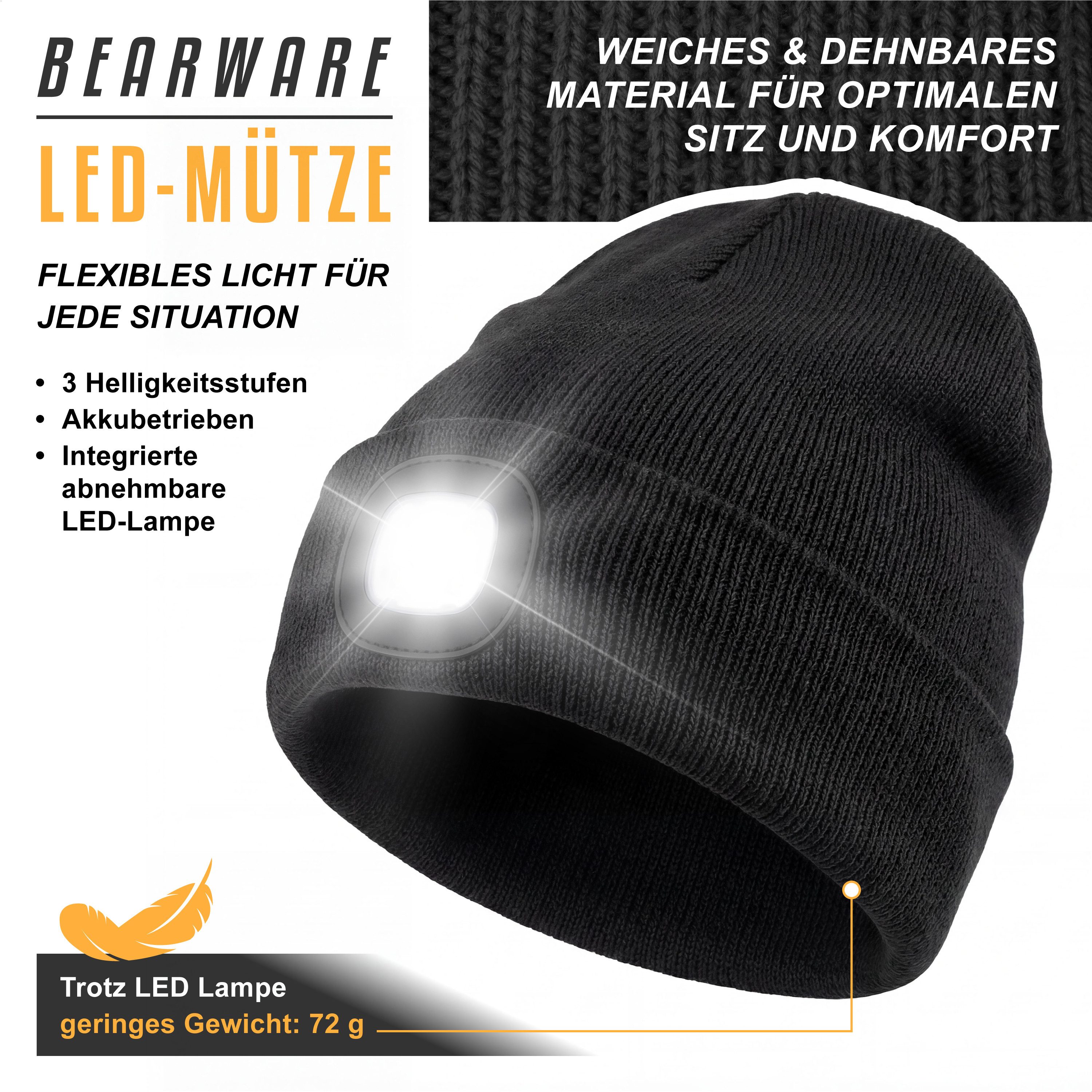 BEARWARE Strickmütze mit Stirnlampe, Beanie warm gefüttert für Joggen Campi günstig online kaufen