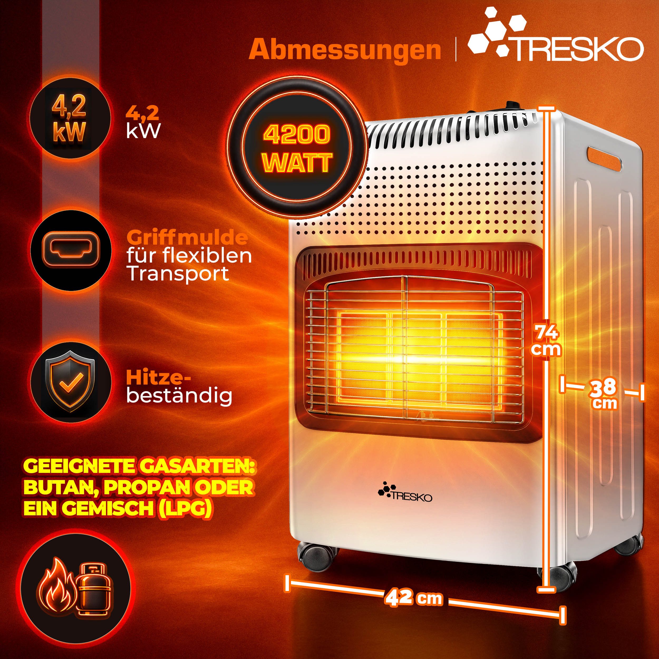 TRESKO Heizstrahler 4200 W Gasheizung + Abdeckung Gasheizer 3 Stufen Gasofen Gasheizofen