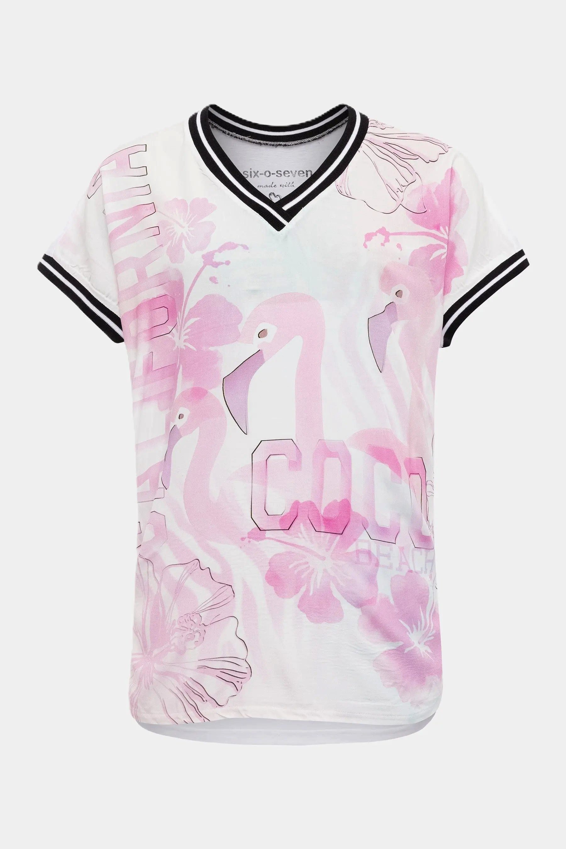 six-o-seven T-Shirt T-Shirt mit Flamingo Print und Bündchen im trendigen Sommer Style