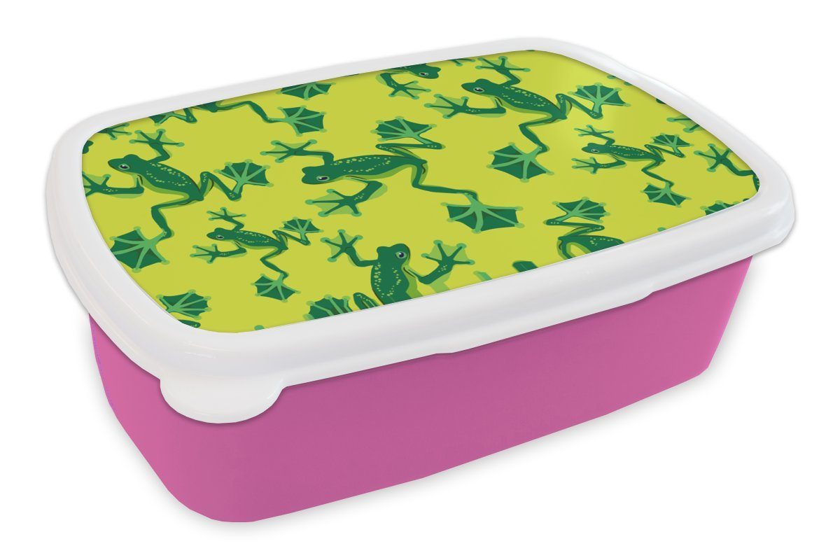 MuchoWow Lunchbox Frosch - Tiere - Dschungel - Muster, Kunststoff, (2-tlg), Brotbox für Erwachsene, Brotdose Kinder, Snackbox, Mädchen, Kunststoff rosa