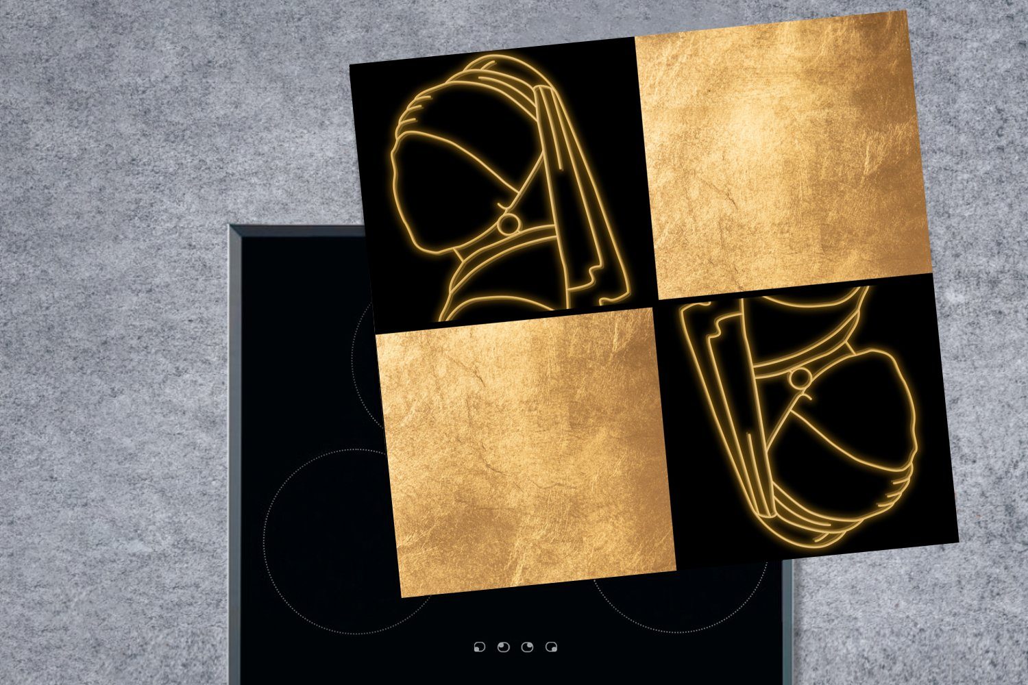 Vinyl, - Gold, (1 für 78x78 einem mit Collage Ceranfeldabdeckung, Herdblende-/Abdeckplatte Mädchen - Arbeitsplatte küche cm, Perlenohrring tlg), MuchoWow