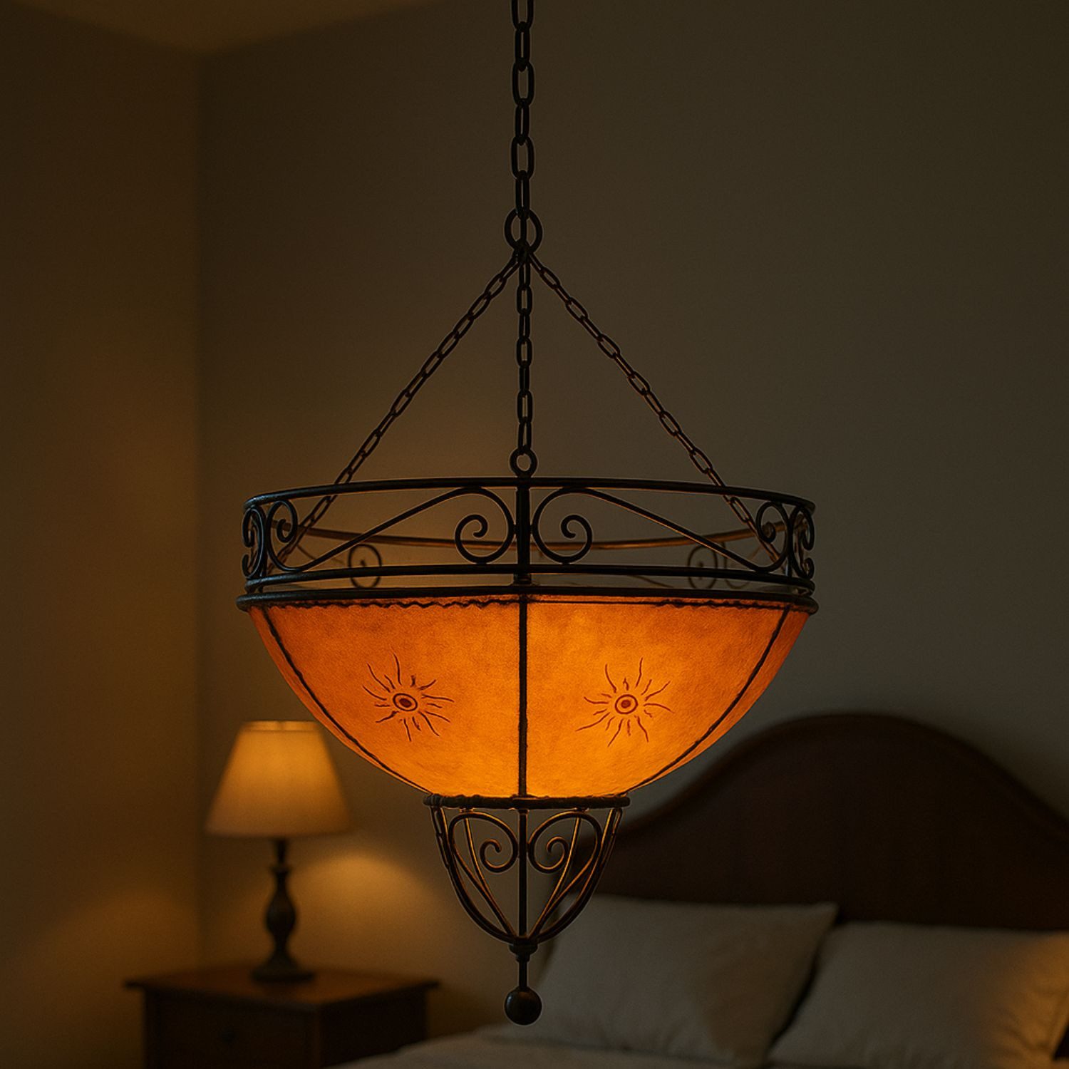 Marrakesch Orient & Mediterran Interior Pendelleuchte Marokkanische Hängeleuchte Demren modern aus Leder in Orange 45 cm, Handarbeit