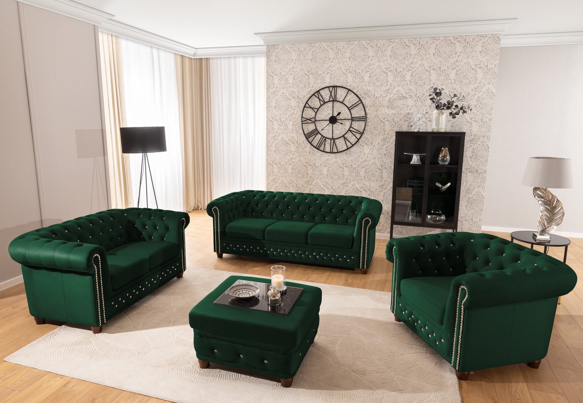 S-Style Möbel Polstergarnitur Chesterfield 3+2+1 Cleo Blink aus Samt mit Kristallsteppung, (1x 3-Sitzer-Sofa, 1x 2-Sitzer-Sofa, 1x Sessel), mit Wellenfederung
