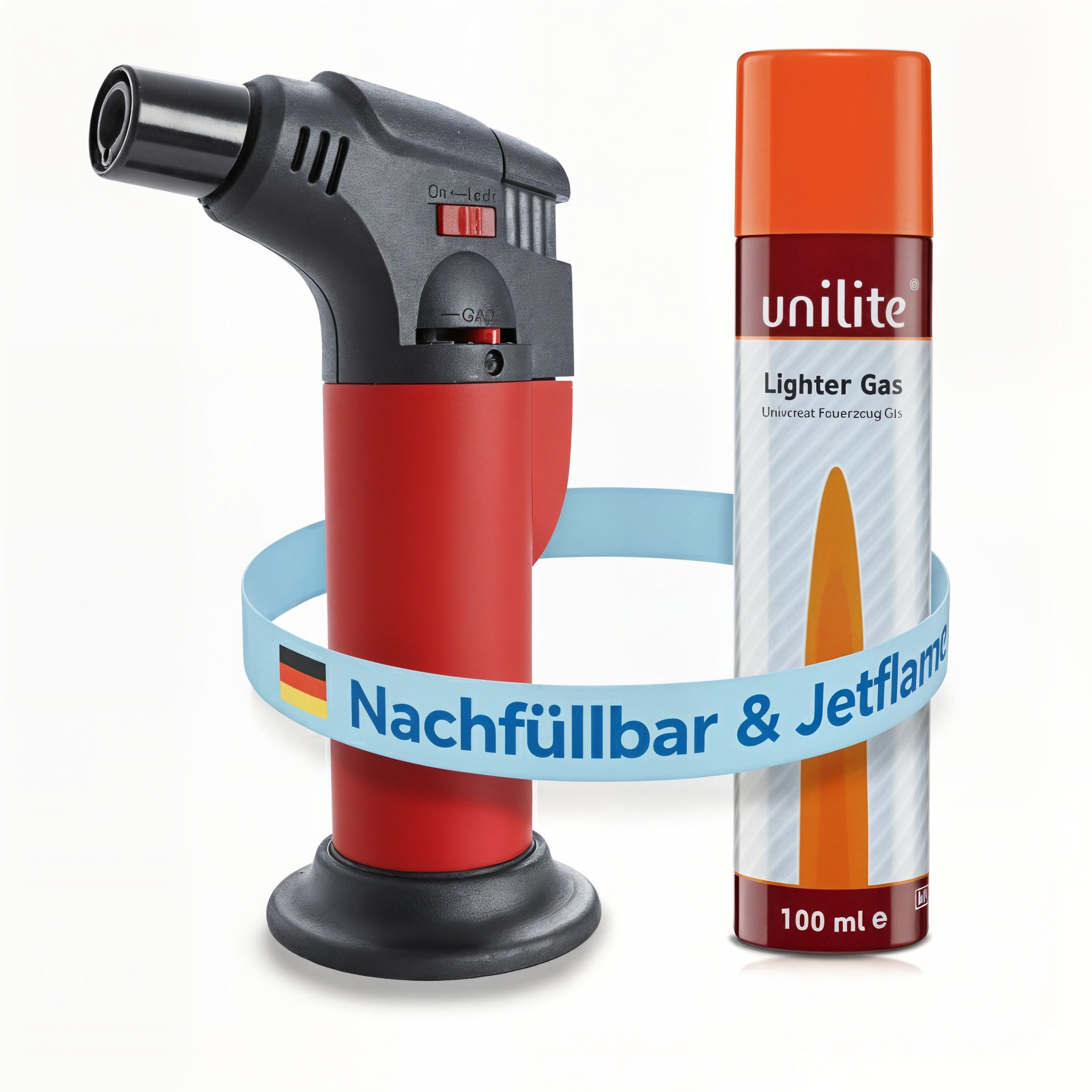 TOM Flambierbrenner Gasbrenner mit 100ml Nachfüllflasche, (2-tlg), Piezo-Zündung, 1300°C, Butan/Propan Gas