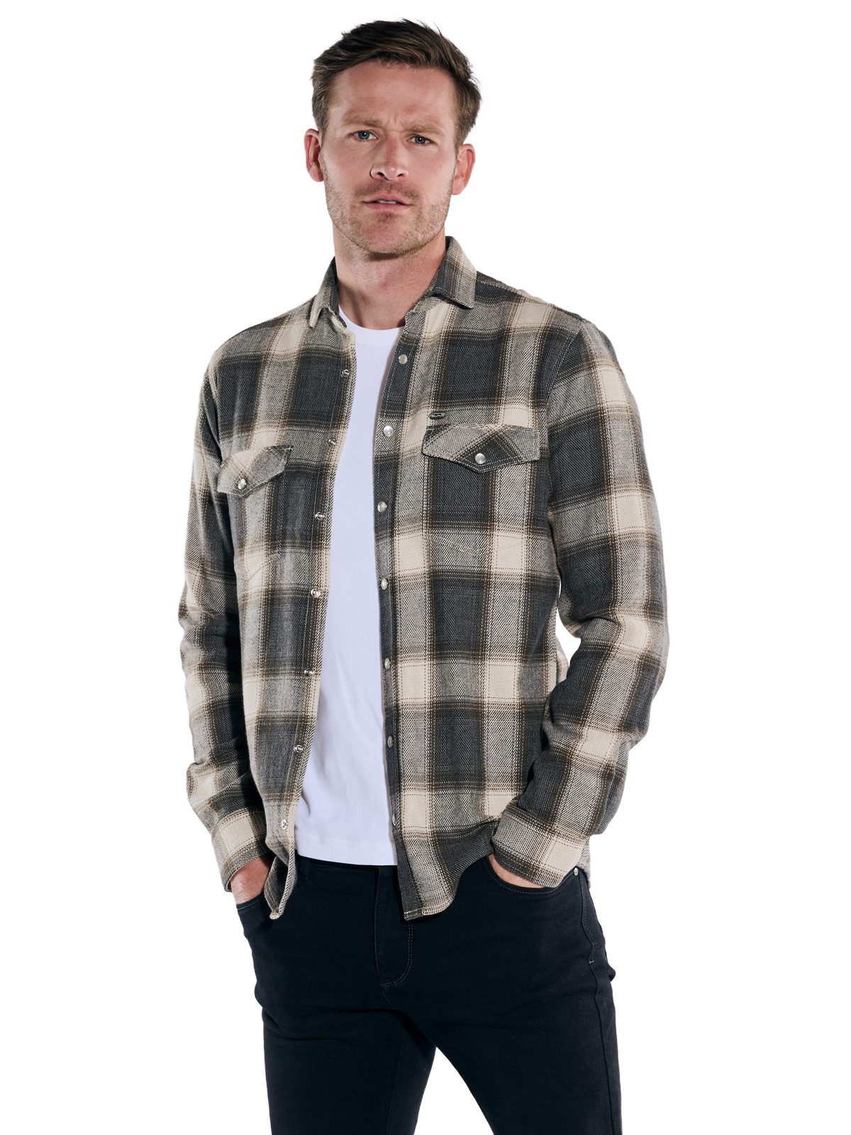 Engbers Langarmhemd engbers Herren Overshirt kariert, Beige günstig online kaufen