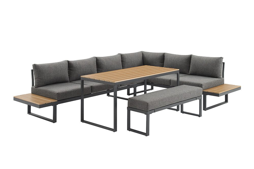 riess-ambiente Sitzgruppe IBIZA GRAND 280cm greige - Aluminium, mit Sitzpolstern, wetterfest, (Set, 3-tlg., Sitzecke, Bank, Tisch, 7x Sitzkissen, 7x Rückenkissen), Outdoorlounge inkl Kissen & Tisch - ideal f. Terrasse, Balkon & Garten