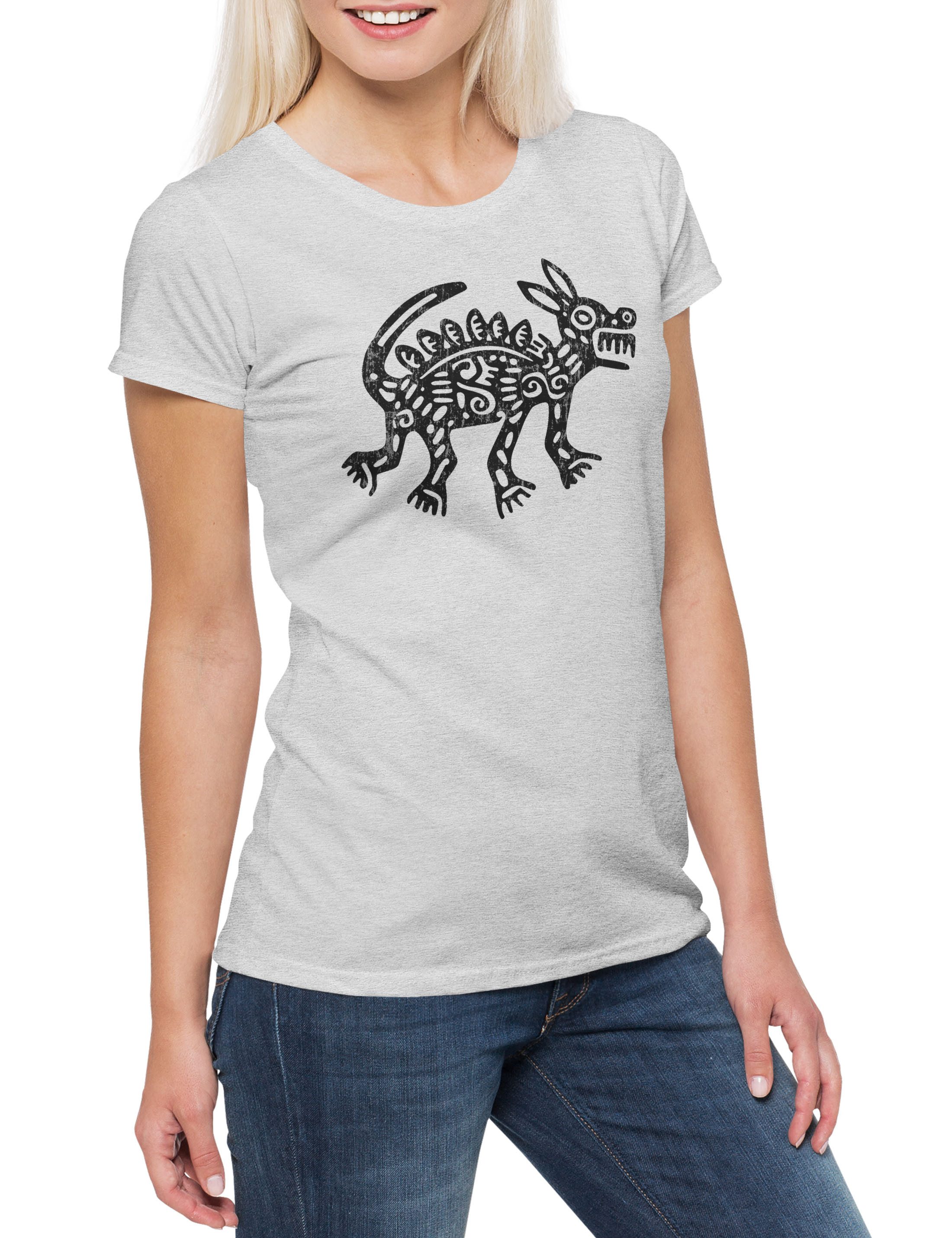 Print-Shirt Aztec Dog Damen T-Shirt Aztecs Azteken Inka Maya Mayans Mayas Tattoo
