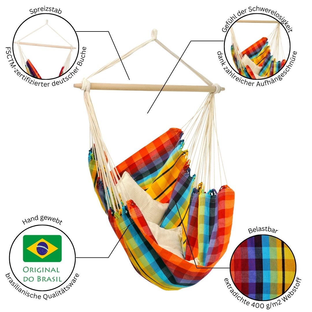 Amazonas Hängesessel Brasil KingSize Hängestuhl (Belastbarkeit 150 kg, Handgefertigt, aus recycelten Materialien), Große Sitzfläche