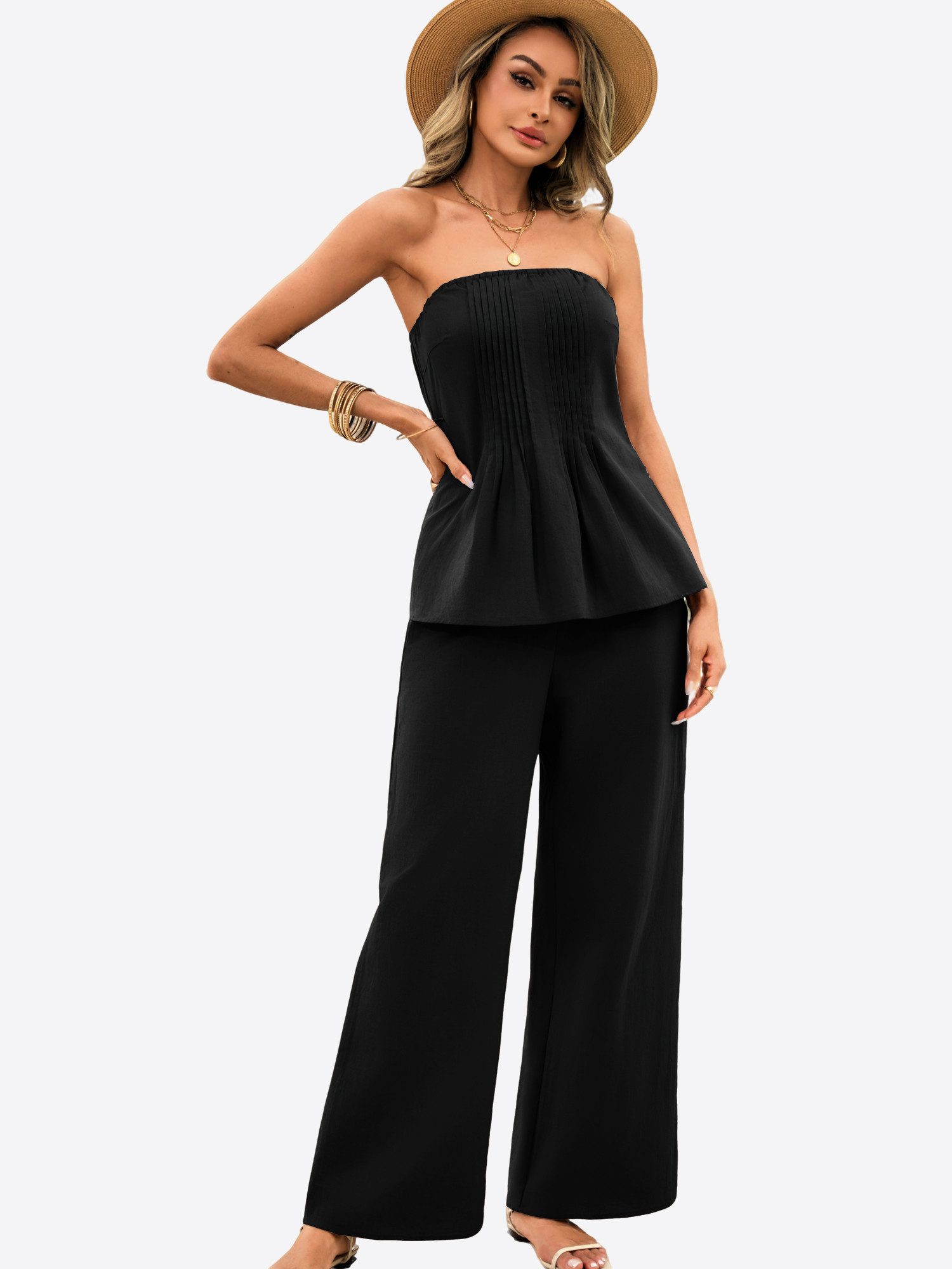 Imily Bela Hausanzug Damen Zweiteilig Schulterfrei Plissierter Oberteil mit weiter Hose (Packung, 2 tlg., 2er-Pack, Top+Hose) in Unifarbe aus Baumwolle