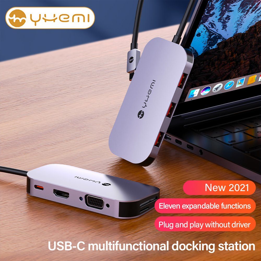 YHEMI 8 in 1 Typ-c Dockingstation USB-C zu HDMI/VGA 4k cast screen Hub USB-Adapter