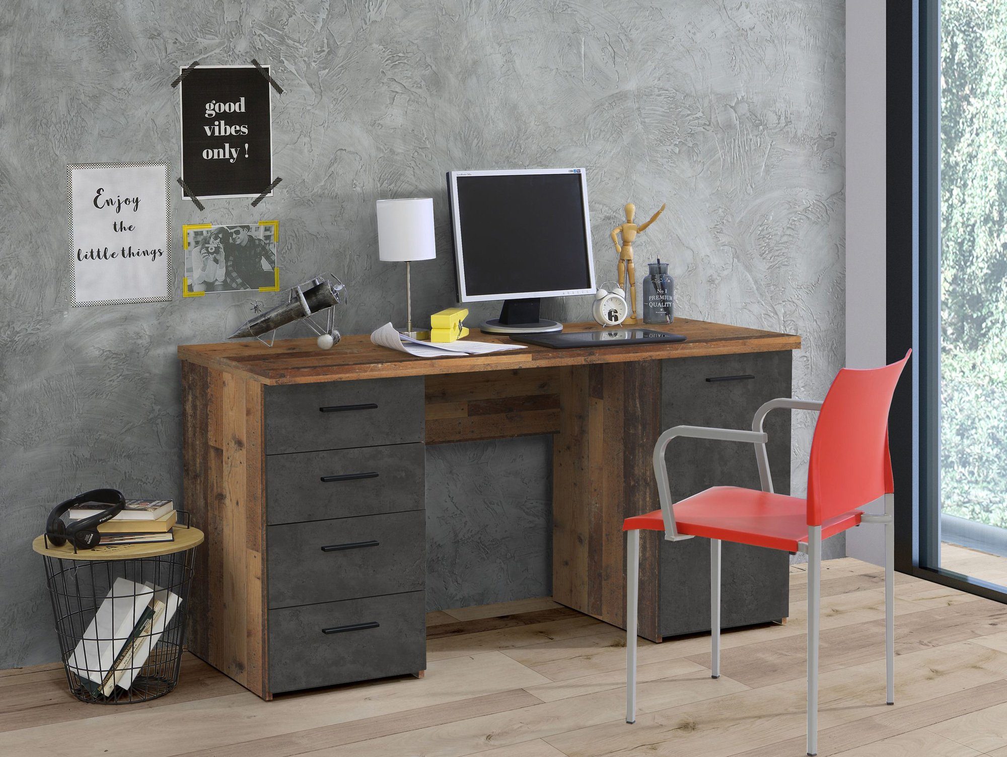 Schreibtisch, MIGEL Moebel-Eins betongrau/weiss Schreibtisch Material Dekorspanplatte
