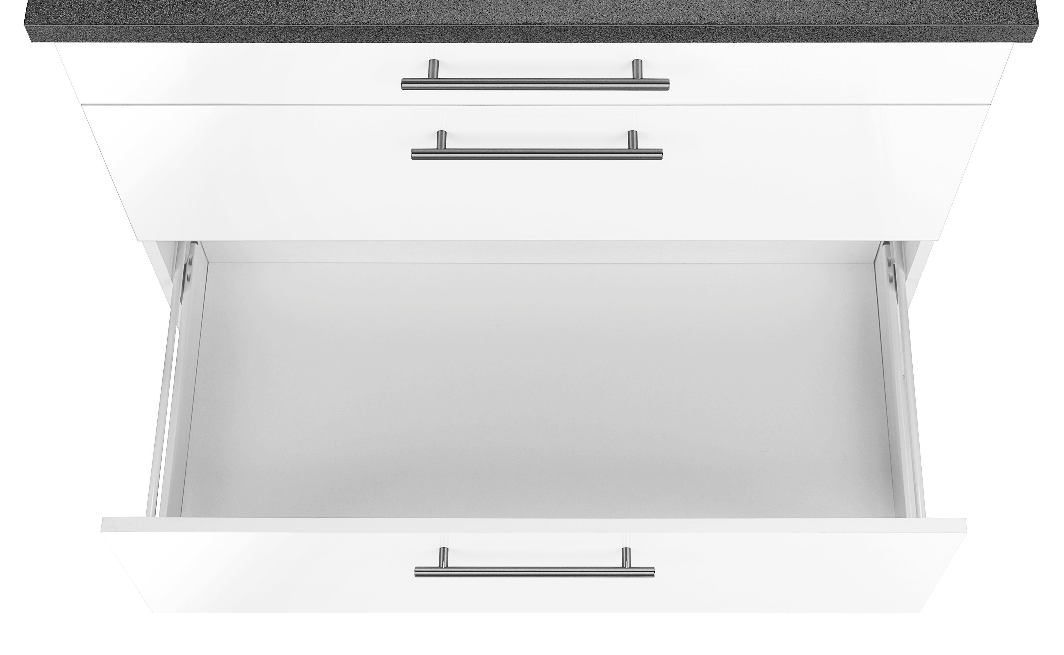 Weiß Weiß, Grau Glanz, Granit Cali wiho Küchen 2 Front: Korpus: cm Auszügen breit, großen Unterschrank 90 | Weiß Arbeitsplatte: mit