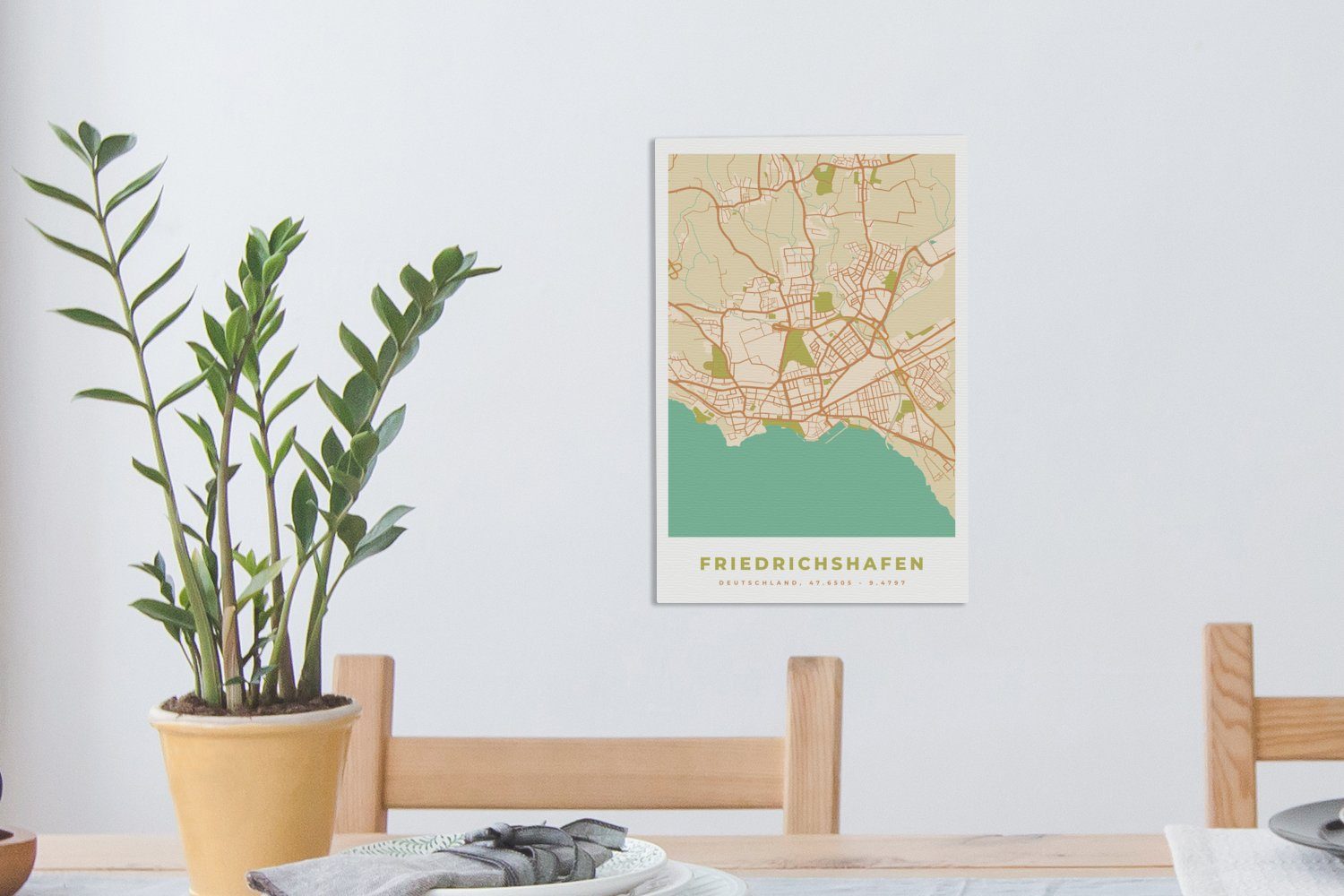 Gemälde, Zackenaufhänger, Friedrichshafen Karte Karte, - 20x30 (1 cm - Leinwandbild fertig OneMillionCanvasses® Leinwandbild - inkl. Vintage St), bespannt Stadtplan -