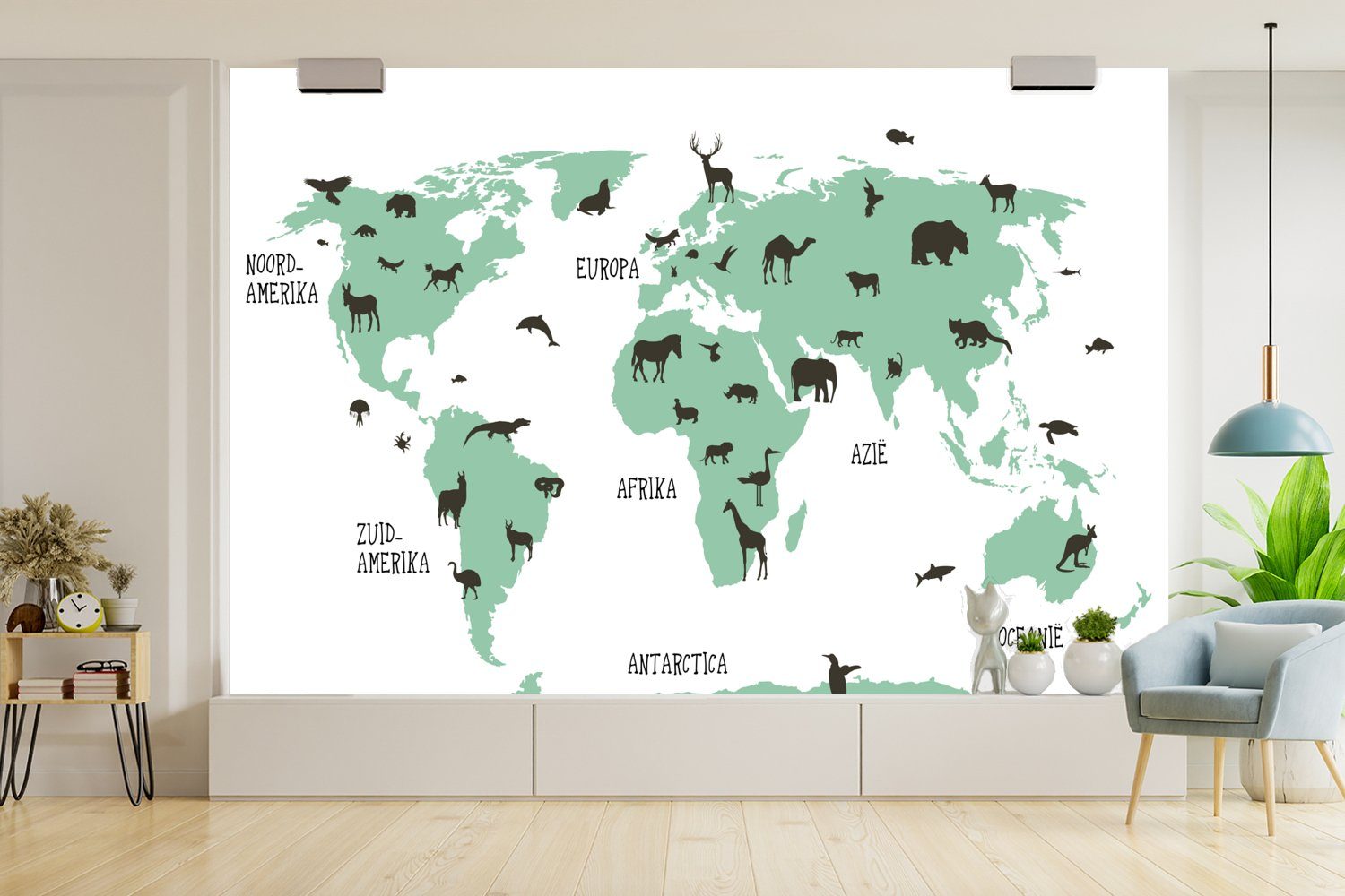 MuchoWow Fototapete Weltkarte - - Tiere für Matt, - (6 - St), Junge Wohnzimmer, Vinyl bedruckt, Kinderzimmer, Mädchen, - Tapete Grün Schlafzimmer, Wallpaper Kinder