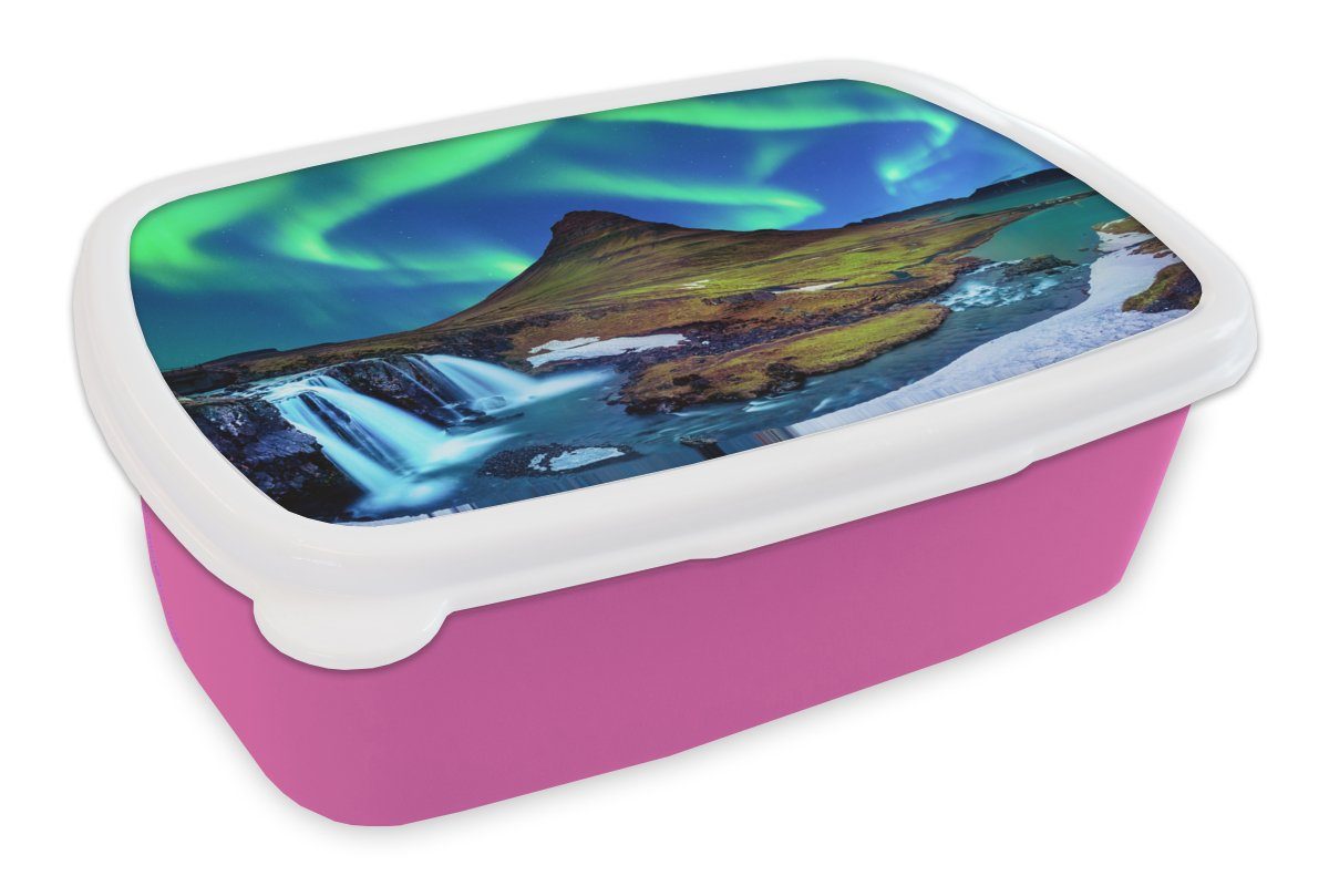 MuchoWow Lunchbox Nordlicht - Sternenhimmel - Island - Berg - Grün - Wasserfall - See, Kunststoff, (2-tlg), Brotbox für Erwachsene, Brotdose Kinder, Snackbox, Mädchen, Kunststoff rosa