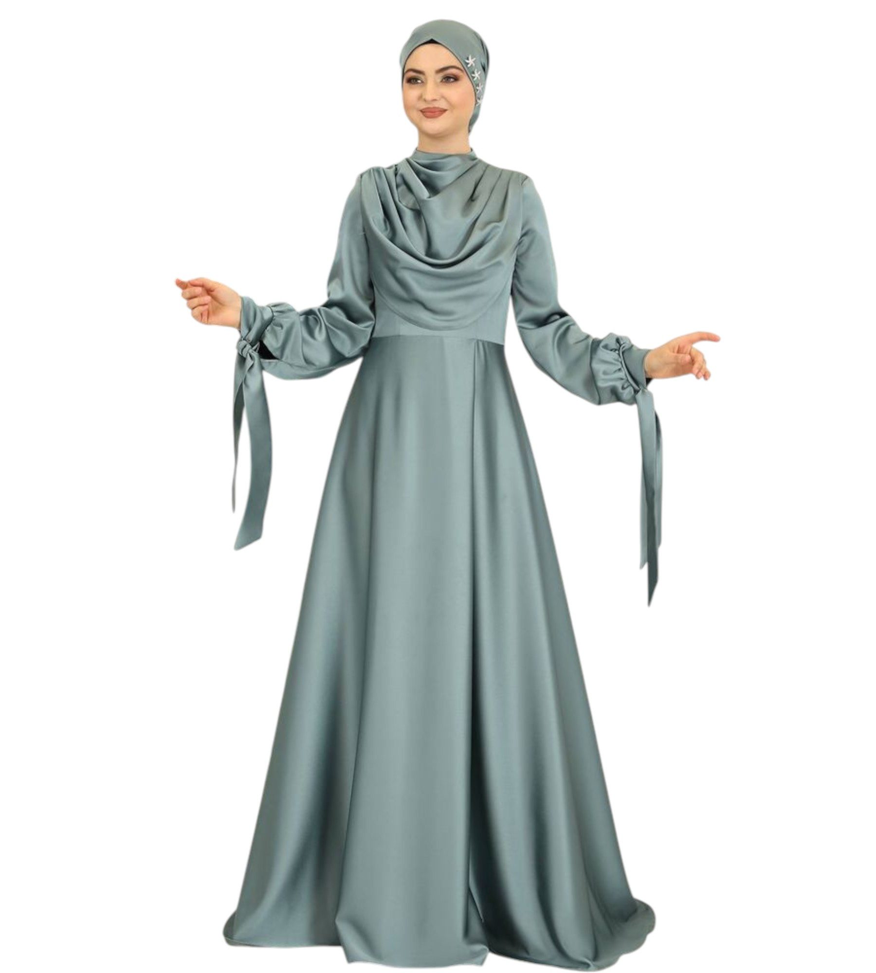 fashionshowcase Abendkleid Damen Maxikleid Satinkleid langarm Modest Fashion