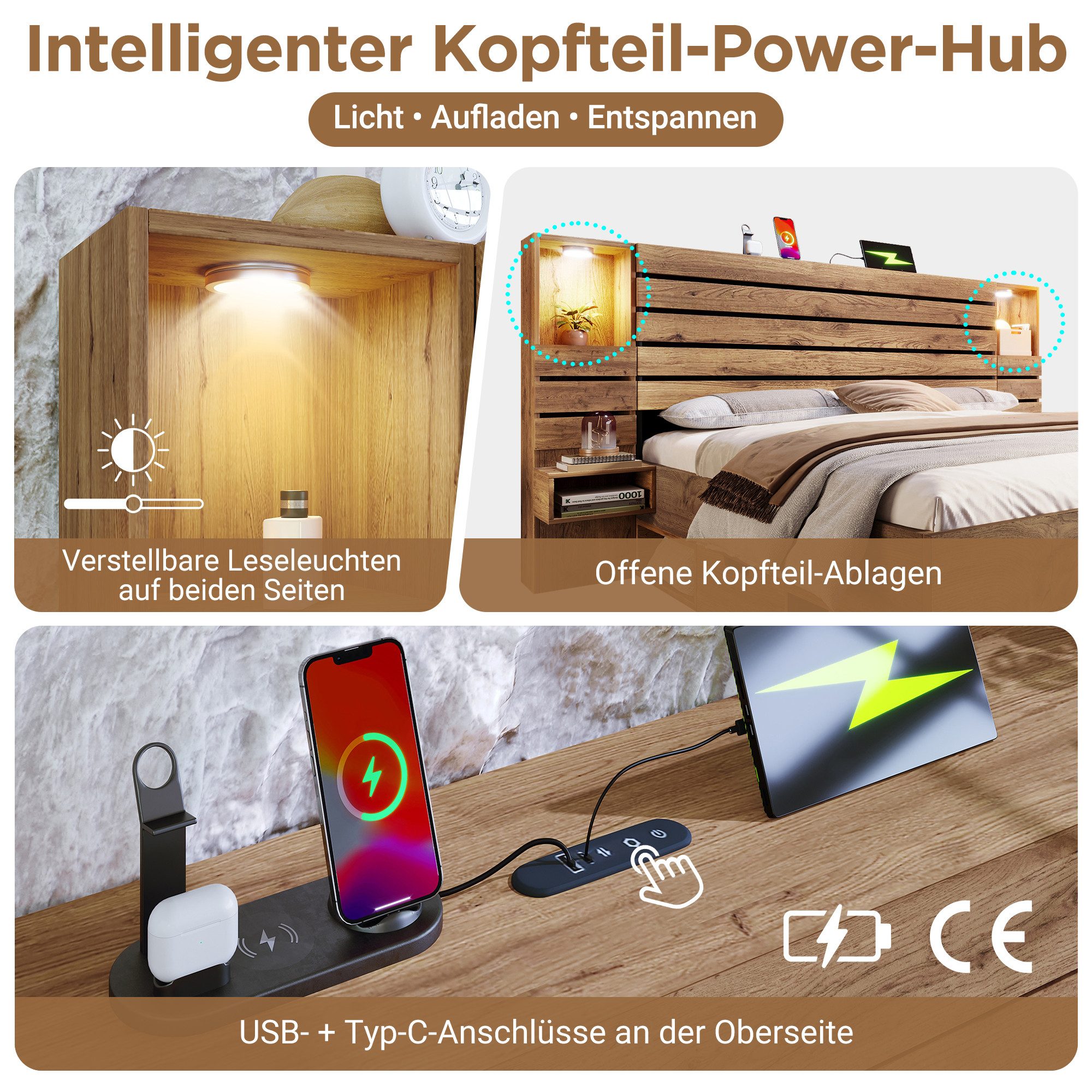 OKWISH Holzbett Bett 180x200 cm mit Stauraum und Downlights in Eichenoptik (2-tlg), mit 4 offenen Seitenfächern und 3 Schubladen (ohne Matratze)