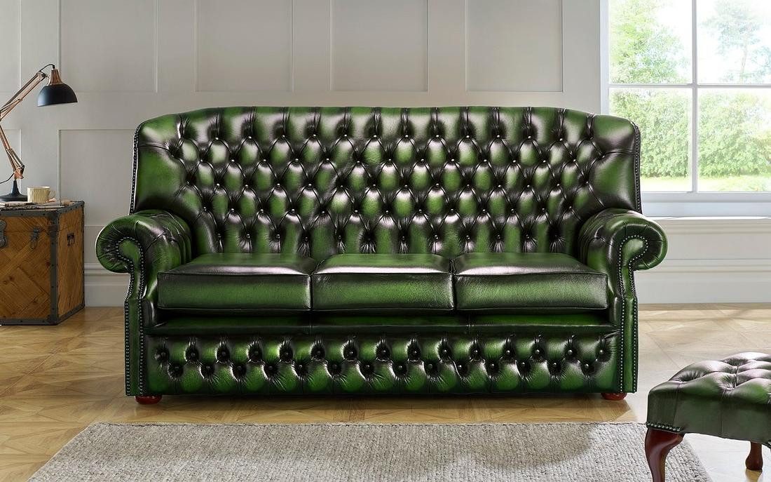 Xlmoebel Chesterfield-Sofa Neues Chesterfield-Sofa in grünem Antikleder für drei Personen, Hergestellt in Europa