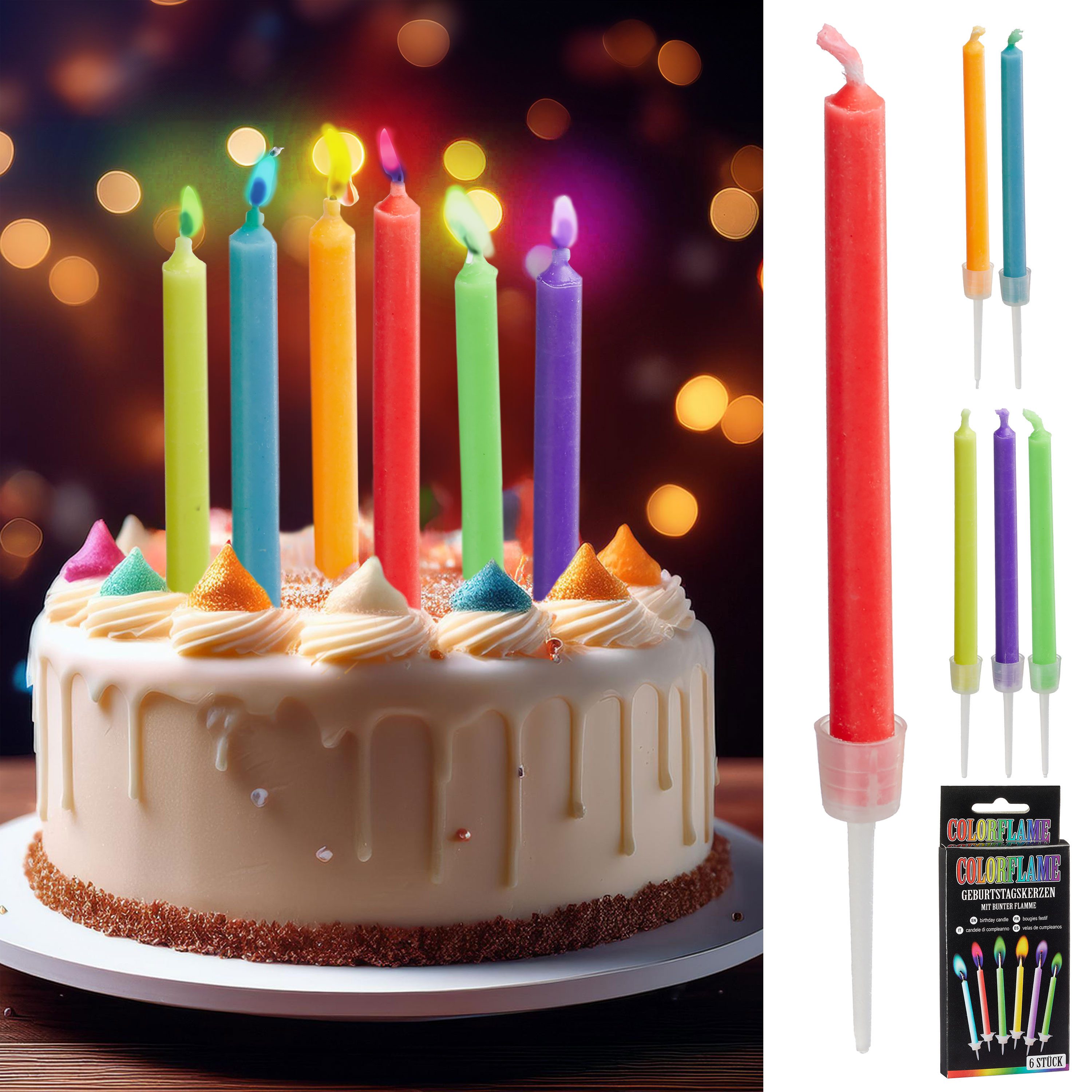CEPEWA Geburtstagskerze Geburtstagskerzen 'Bunte Flamme' 6er Set L6cm Paraffin Alu PVC Kerze