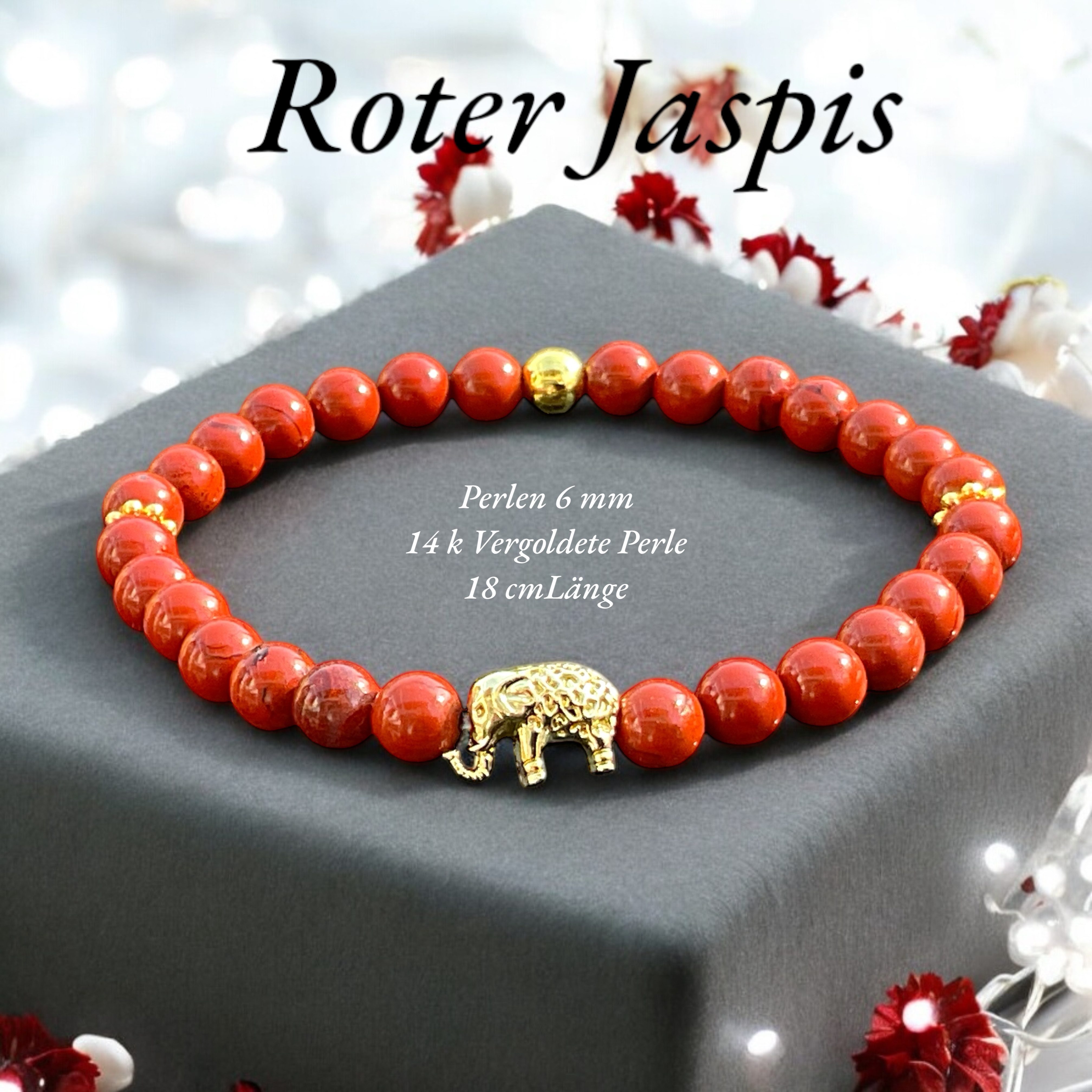 Steinfixx® Perlenarmband Jaspis Edelsteinarmband Elefant mit 14 k vergoldeter Perle (Armband mit edler Geschenkbox zum aufbewahren, 1-tlg., Perlen 6 mm, Natursteine, Länge 18 cm), AAA-Qualität