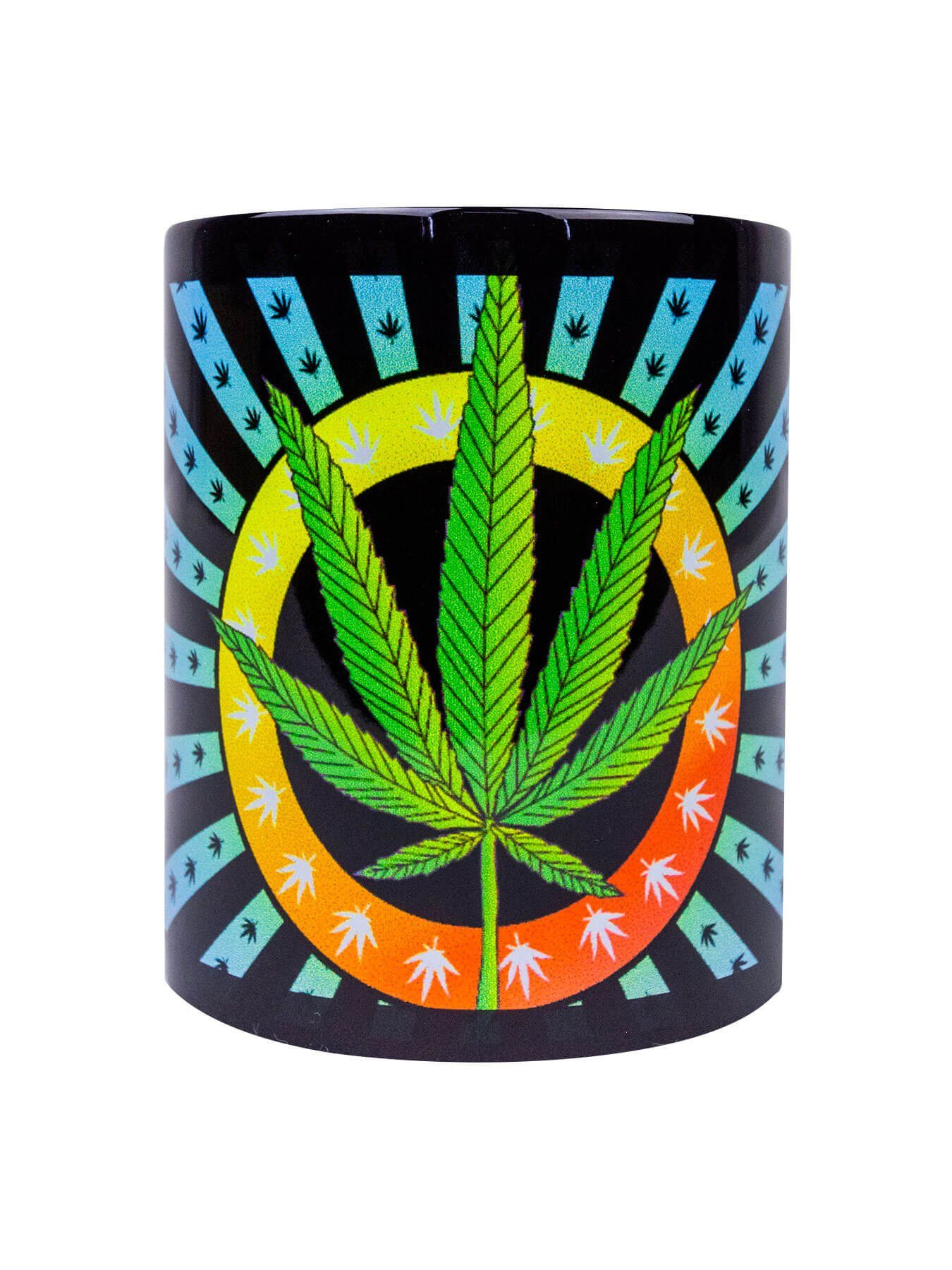 PSYWORK Tasse Fluo Cup Neon "Weed Motiv unter Leaf", Keramik, Schwarzlicht UV-aktiv, leuchtet Tasse