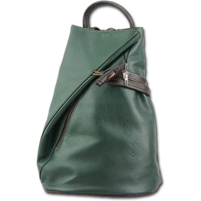 FLORENCE Cityrucksack Florence echtes Leder 2in1 Damentasche (Schultertasche) Damen Rucksack aus Echtleder in grün braun ca. 24cm Breite Made-In Italy