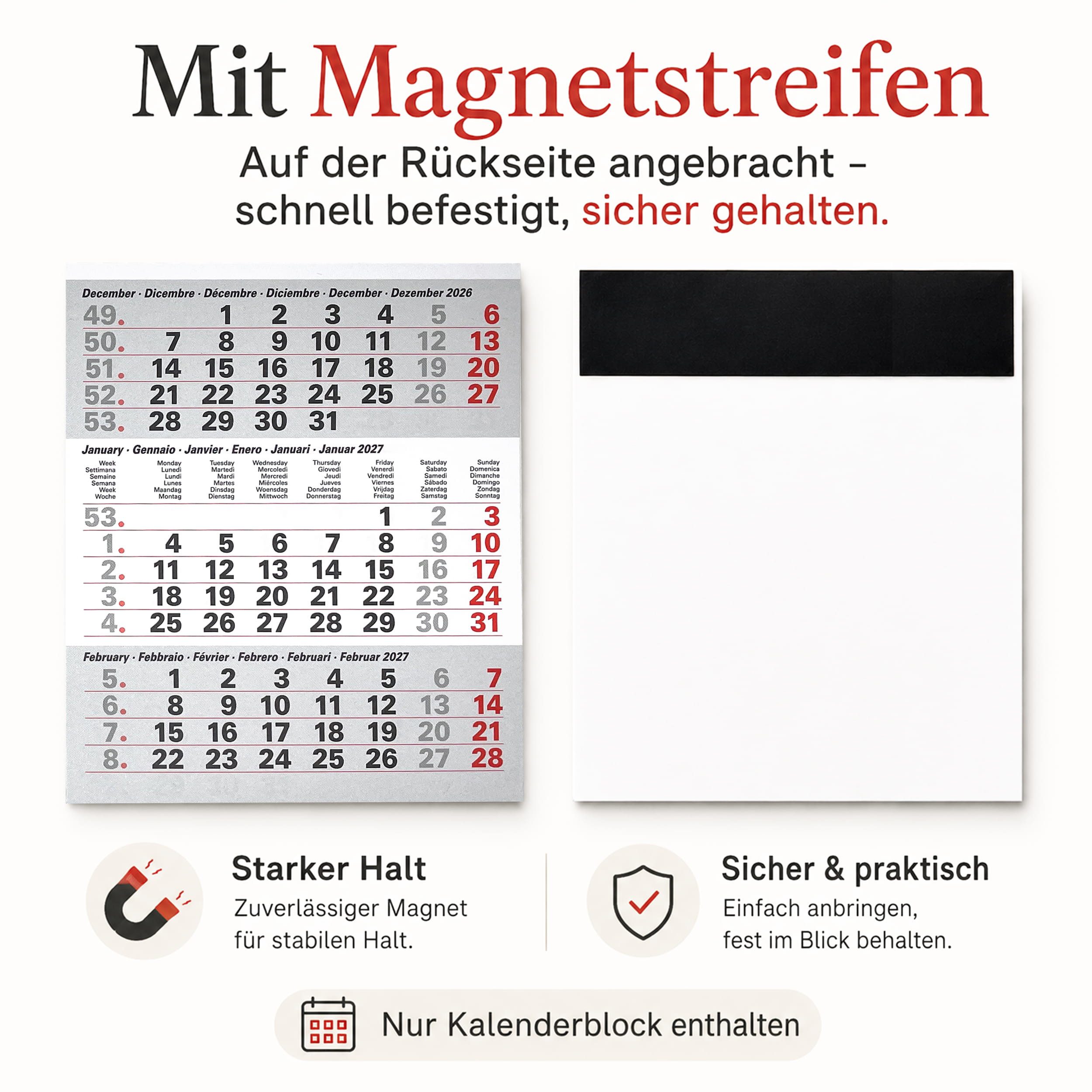 TOBJA Tischkalender Ersatz-Kalendarium 2027 magnetisch für Tischkalender (Titan), Ersatzblock, ohne Aufsteller, 3 Monate, magnetisch, Feiertage