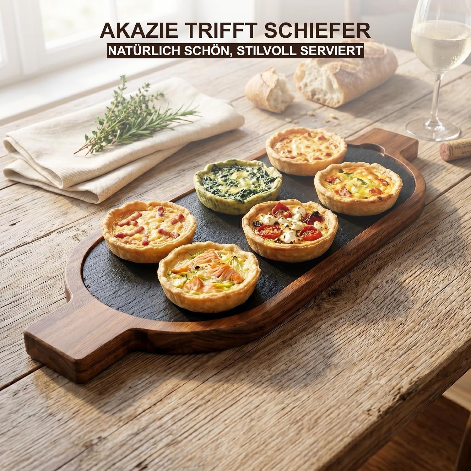 hausleben Servierbrett Servierbrett mit Schieferplatte, 50x15x2cm, Akazienholz Käseplatte, Akazienholz mit Schieferplatte, (Einzelartikel, 1-St., 1-teilig), Schneidebrett rustikal mit griff, Frühstücksbrett, Servierplatte