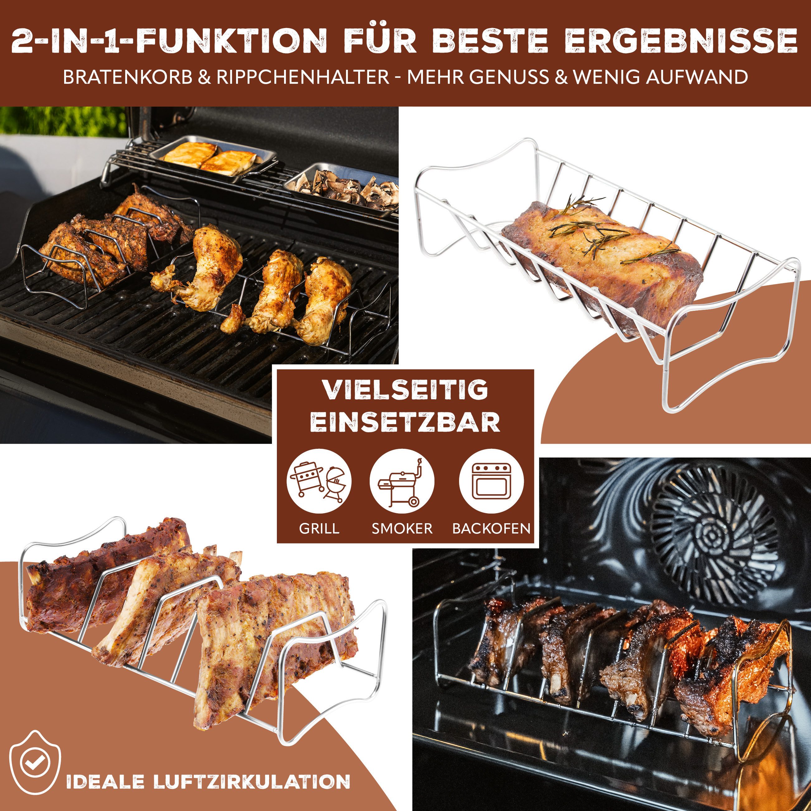 bremermann Sparerib-Halter Spare Ribs- und Bratenhalter, 2in1, aus Edelstahl mit Tragegriffen (1-St), abnehmbare Griffe