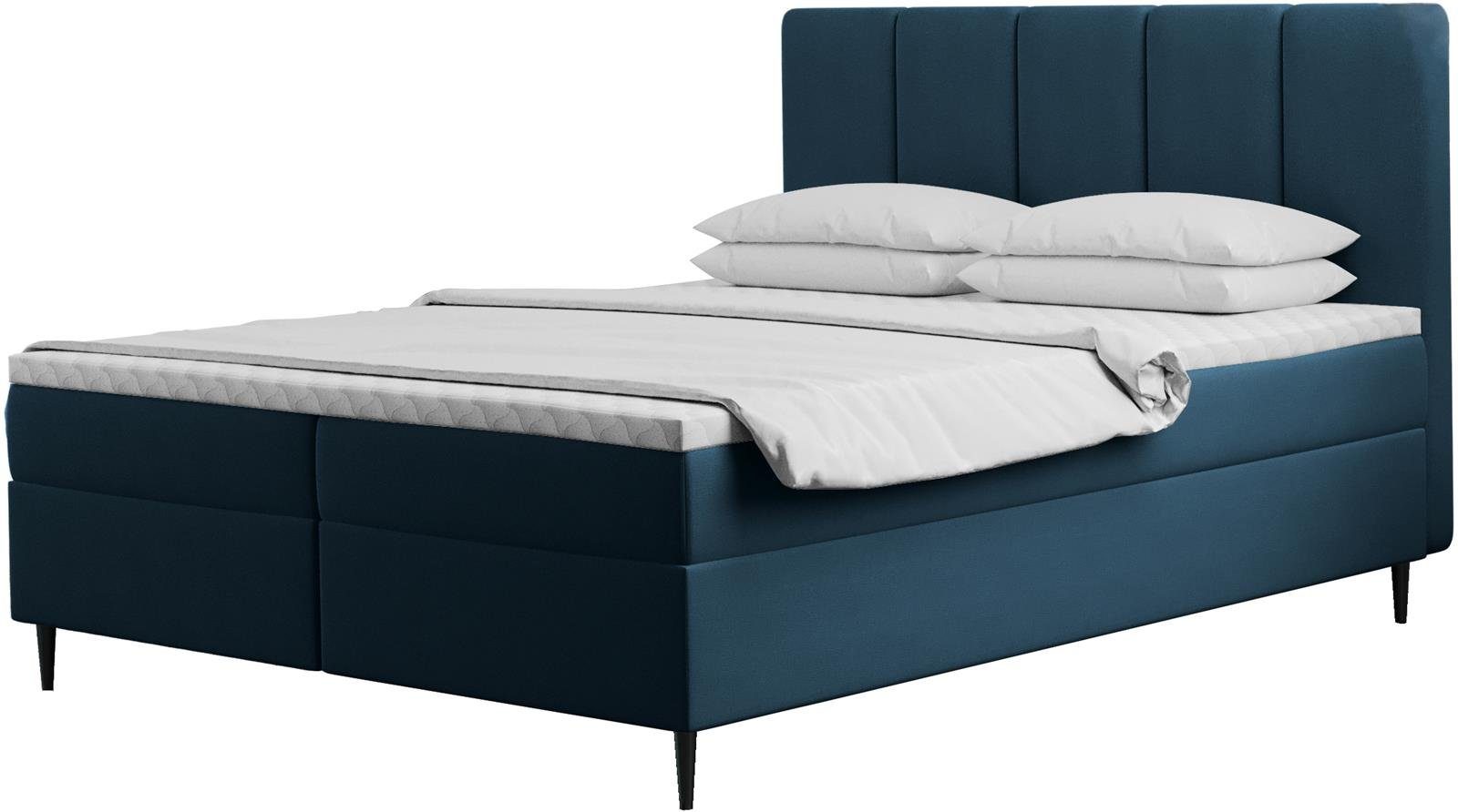 Beautysofa Boxspringbett Boxspring Bett ADELAR Bettkasten Bonellmatratze Topper 2 (monolith Blau mit 77) mit