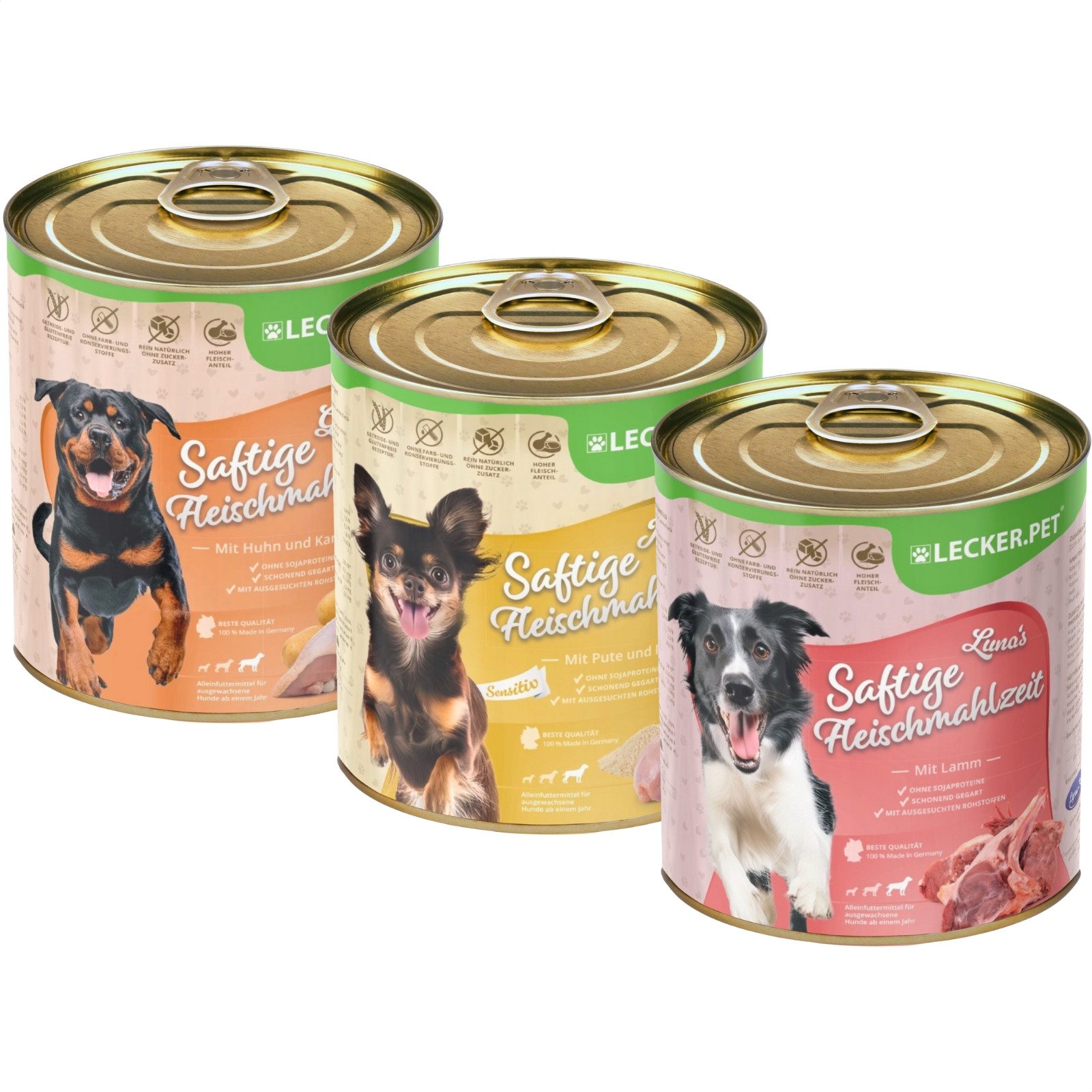 Lecker.Pet 18 x 800g Lecker.Pet® Gino's, Josie's & Luna's Saftige Fleischmahlzeit Huhn, Nassfutter für: Hund
