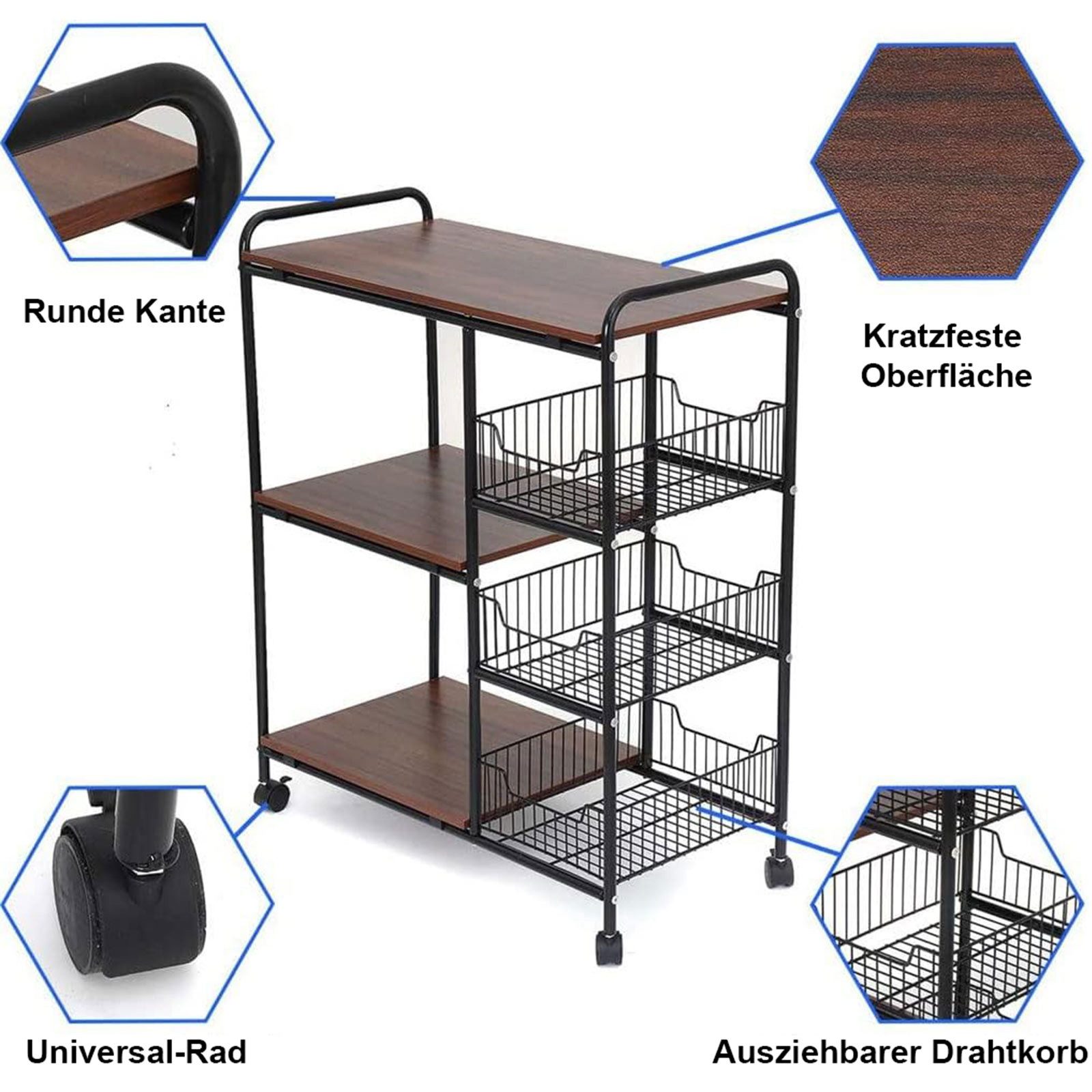 GLIESE POWER Küchenwagen Servierwagen mit 3 Schubladen Aufbewahrungskorb und 2 Ablagen