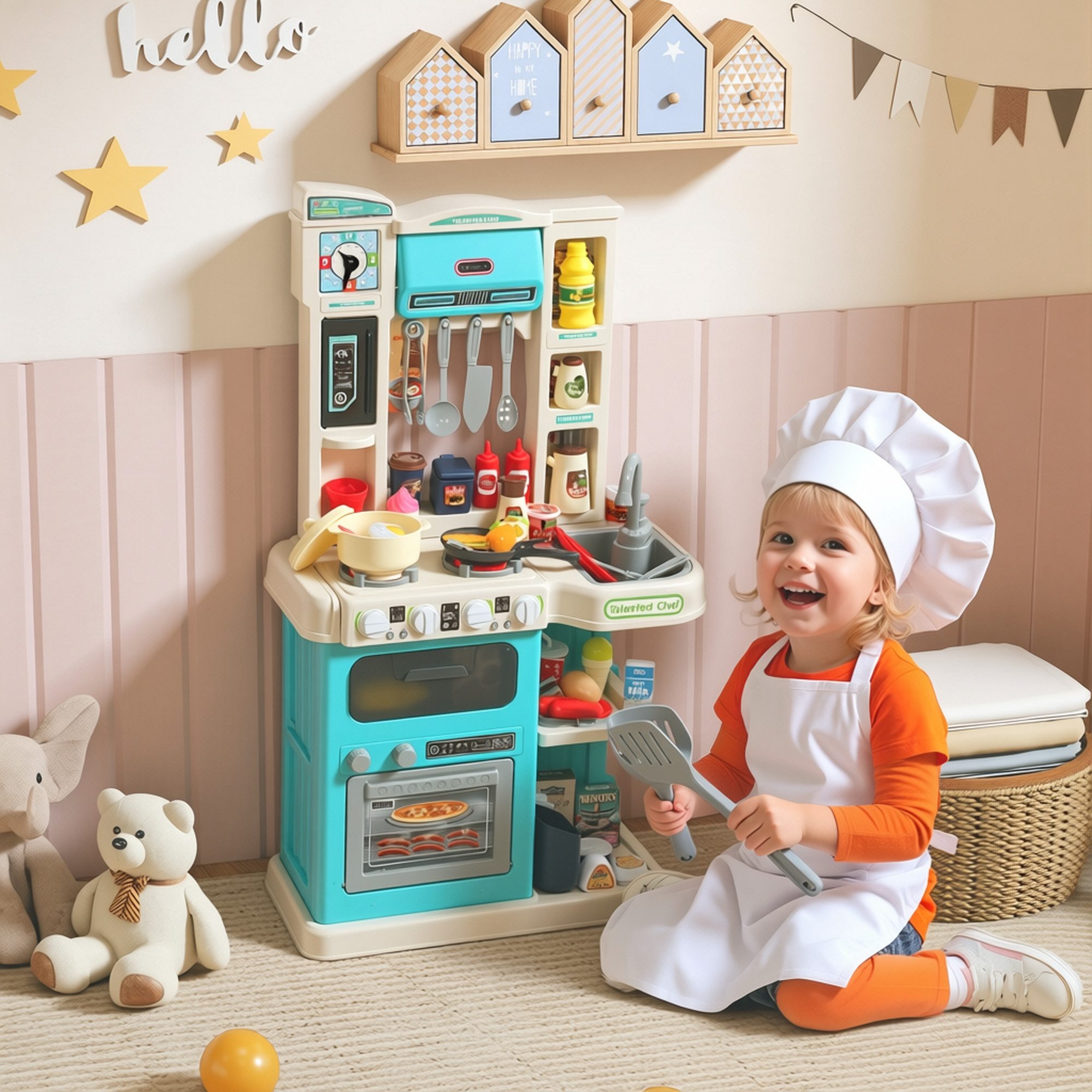 AIYAPLAY Spielküche Kinderküche mit Licht-und Soundfunktion, Zubehör, Puppenküche Kunststoff, ABS, 92-teiliges Küchenset, Grün
