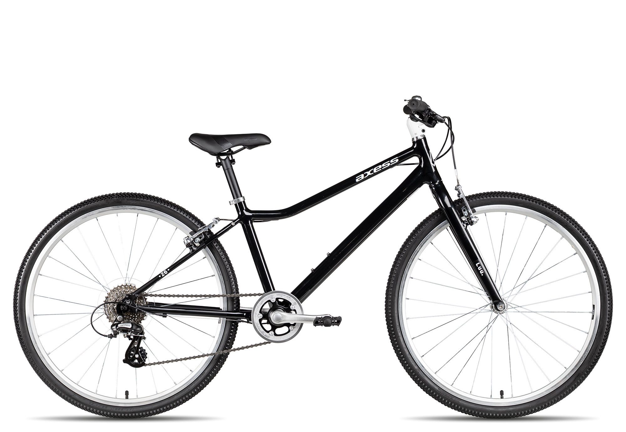 Axess Mountainbike LUU. 26, 8 Gang Shimano Altus RD-M310-L Schaltwerk, Kettenschaltung, dreifach-konifizierter Aluminiumrahmen schwarz/grau